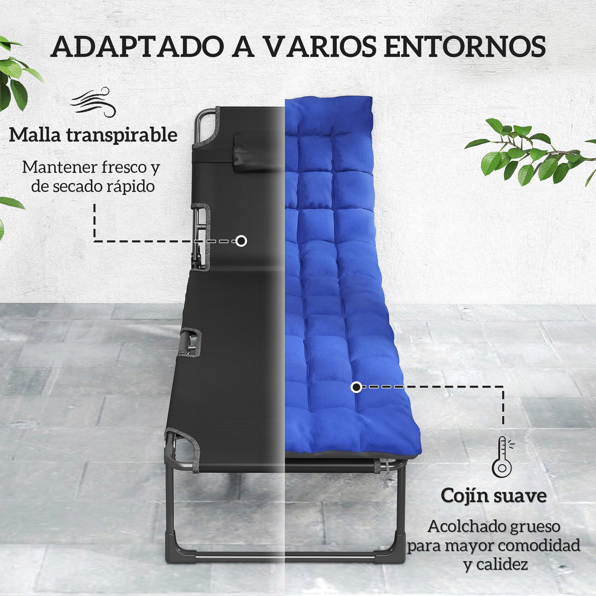 Outsunny Set de 2 Tumbonas Jardín Exterior, Tumbonas Plegables con Cojines, Respaldo Reclinable 5 Posiciones, Asiento Extra Ancho de Textilene, Bolsillo Lateral y Reposacabezas para Playa, Azul