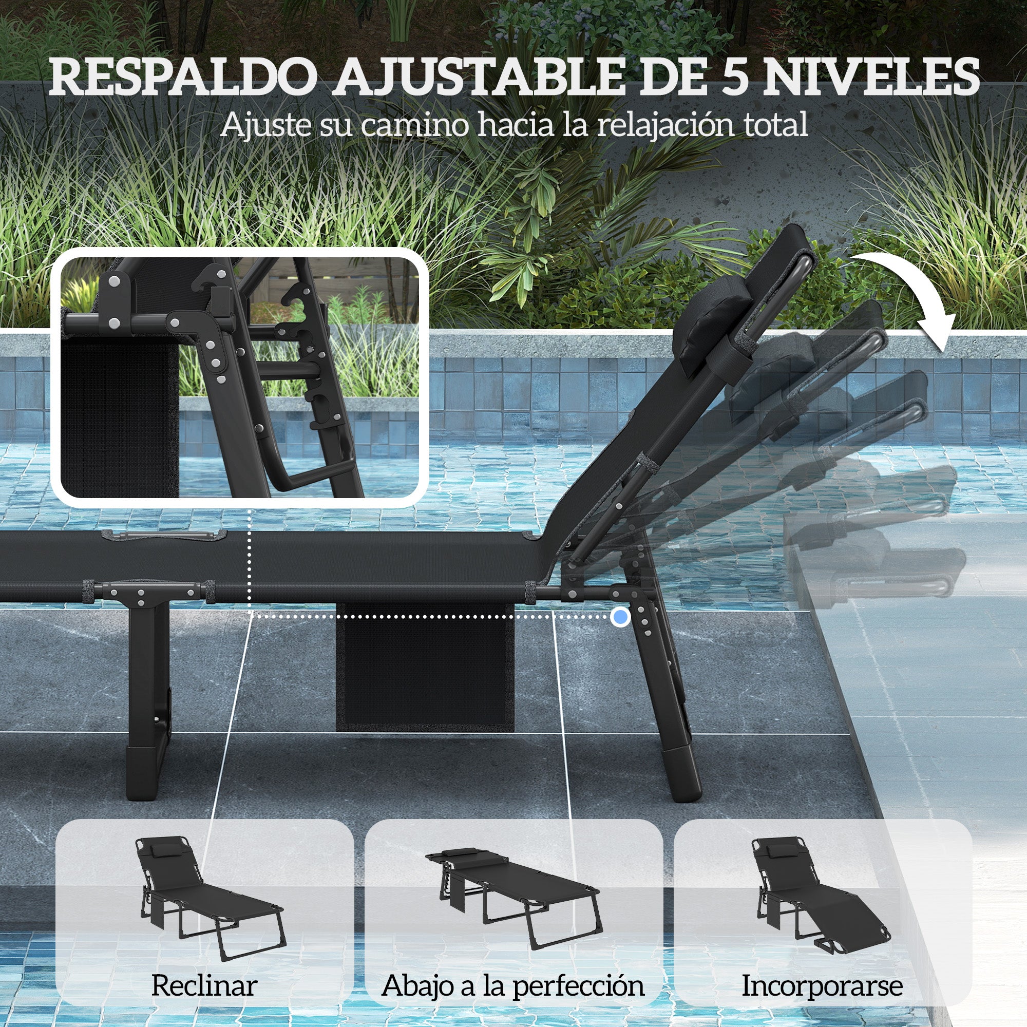 Outsunny Set de 2 Tumbonas Jardín Exterior, Tumbonas Plegables con Cojines, Respaldo Reclinable 5 Posiciones, Asiento Extra Ancho de Textilene, Bolsillo Lateral y Reposacabezas para Playa, Azul