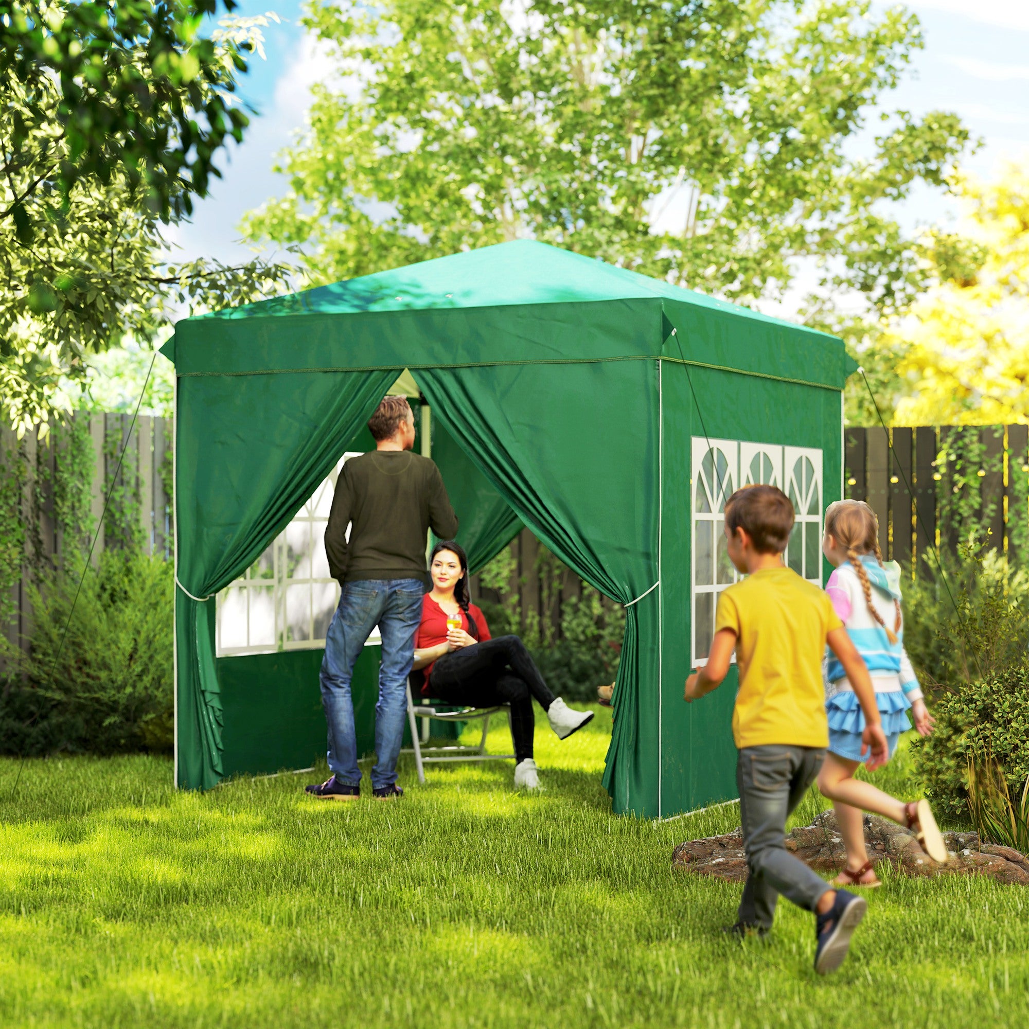 Outsunny Carpa Plegable Pop-up Gazebo 2,5x2,5 m Cenador Plegable con 4 Paredes Laterales Anti-UV y Bolsa de Transporte para Camping Fiestas Verde Oscuro