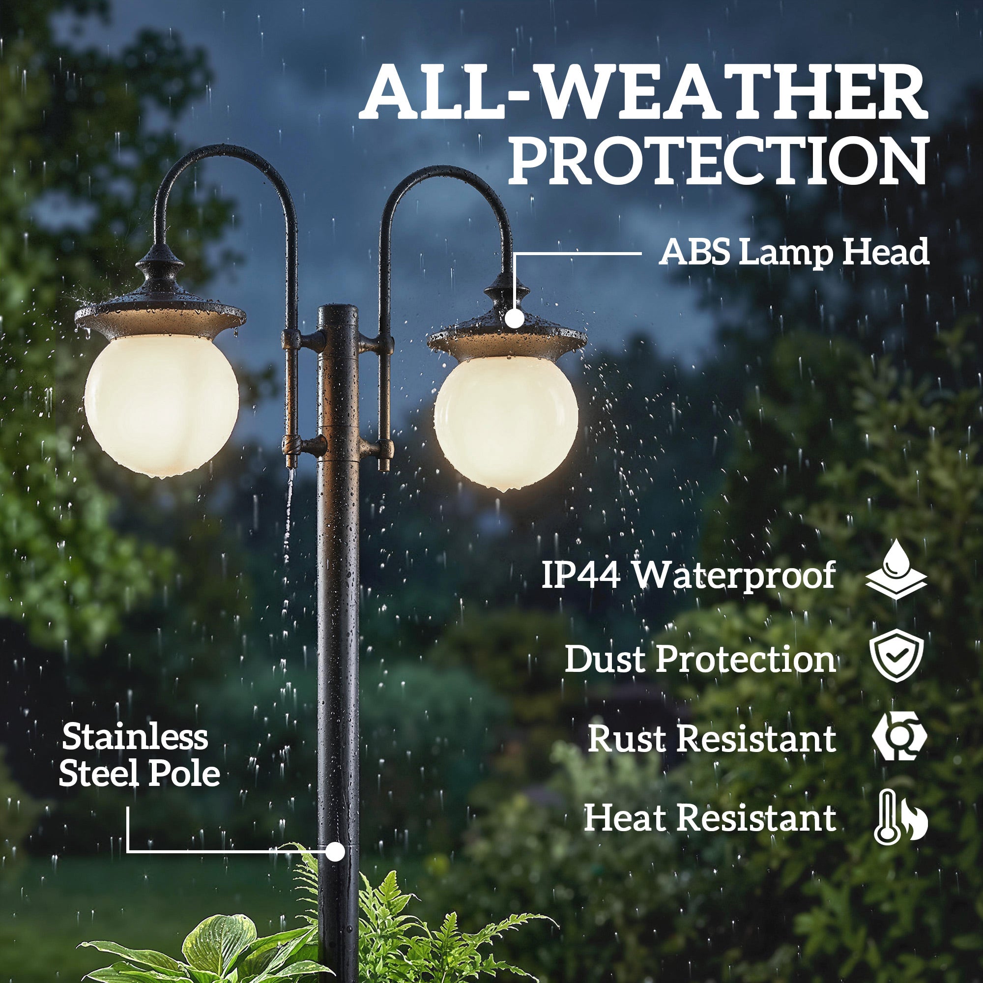Outsunny Farola Solar Exterior de Jardín con Macetero 2 Cabezales Impermeable IP44 Encendido/Apagado Automático y Altura Ajustable Luz Solar de Exterior LED para Terraza Patio 53,5x30x182 cm Negro