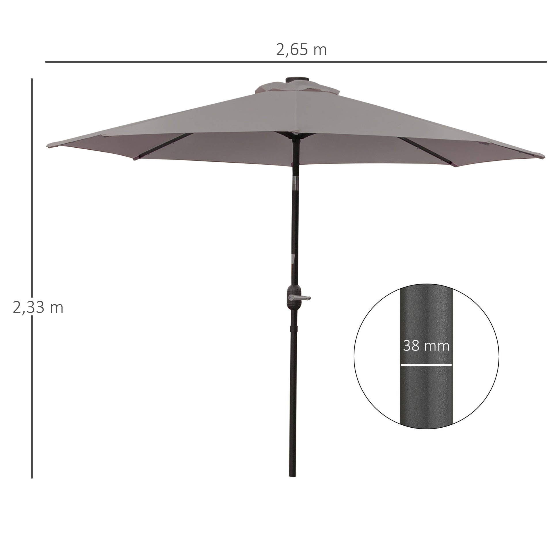Outsunny Sombrilla Terraza Exterior Ø265 cm Sombrilla de Jardín con 32 Luces LED Solares Poste de Acero y Manivela Parasol Inclinable para Patio Terraza Gris