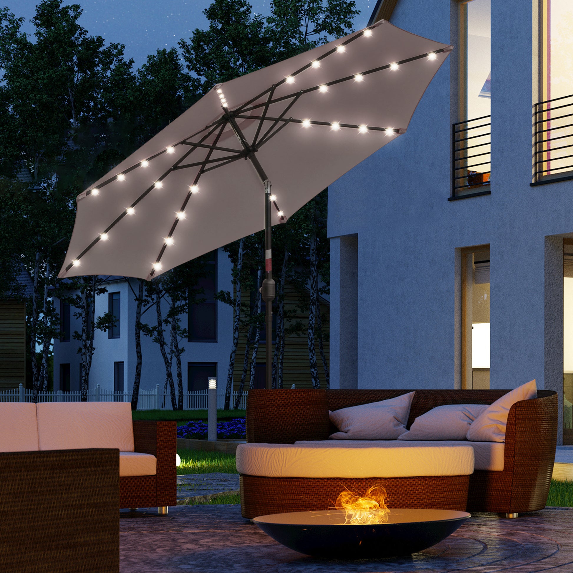 Outsunny Sombrilla Terraza Exterior Ø265 cm Sombrilla de Jardín con 32 Luces LED Solares Poste de Acero y Manivela Parasol Inclinable para Patio Terraza Gris