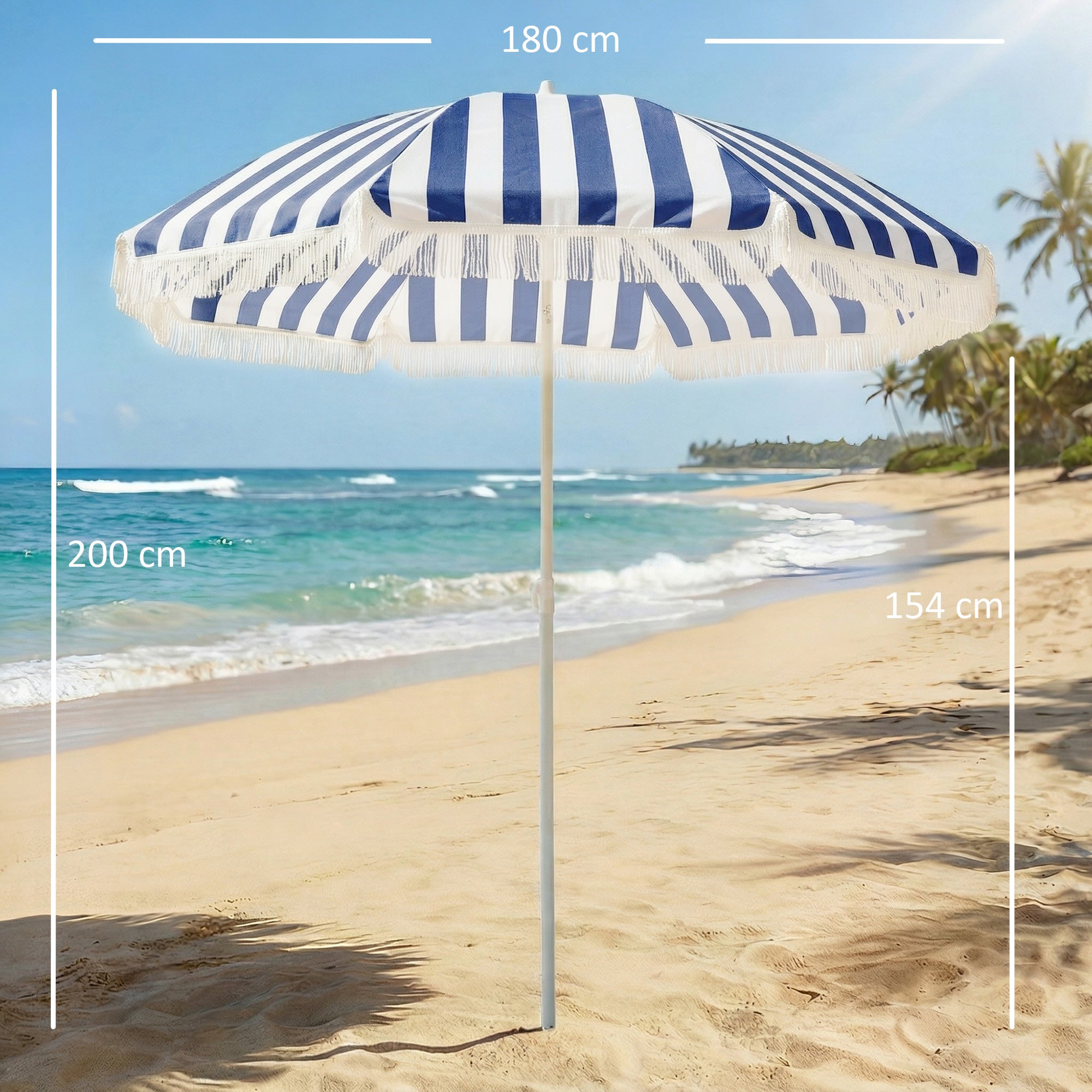 Outsunny Sombrilla de Playa con Flecos Ø180 cm, Sombrilla de Terraza Exterior con Altura Ajustable, Inclinación 30°, Anclaje Arena y Bolsa de Transporte, Azul y Blanco