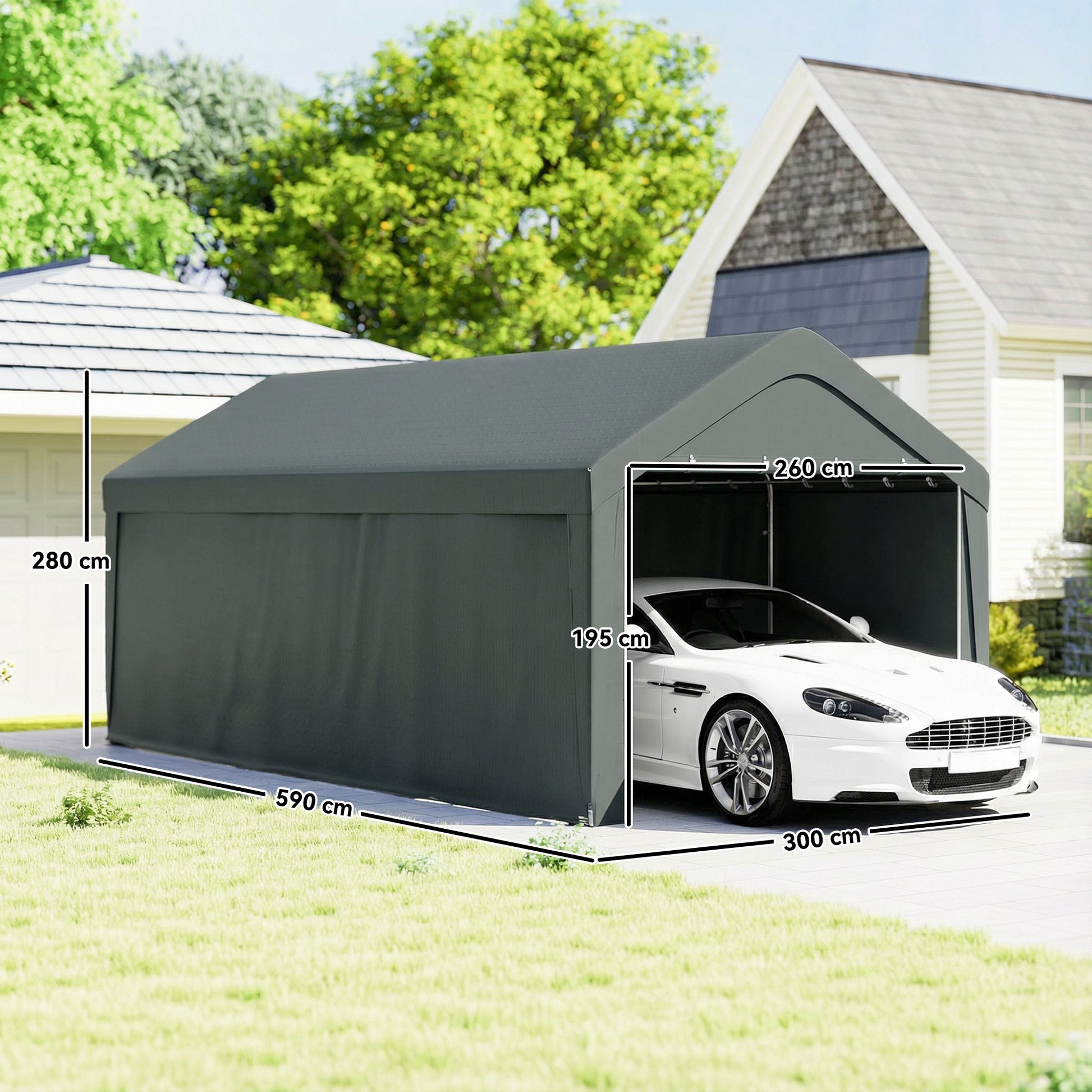 Outsunny Carpa Garaje Portátil 3x6 m, Garaje Exterior para Coche Impermeable con Paredes Laterales Desmontables, Anti-UV, 2 Puertas Enrollables, Cobertizo para Herramientas de Jardín, Gris Oscuro