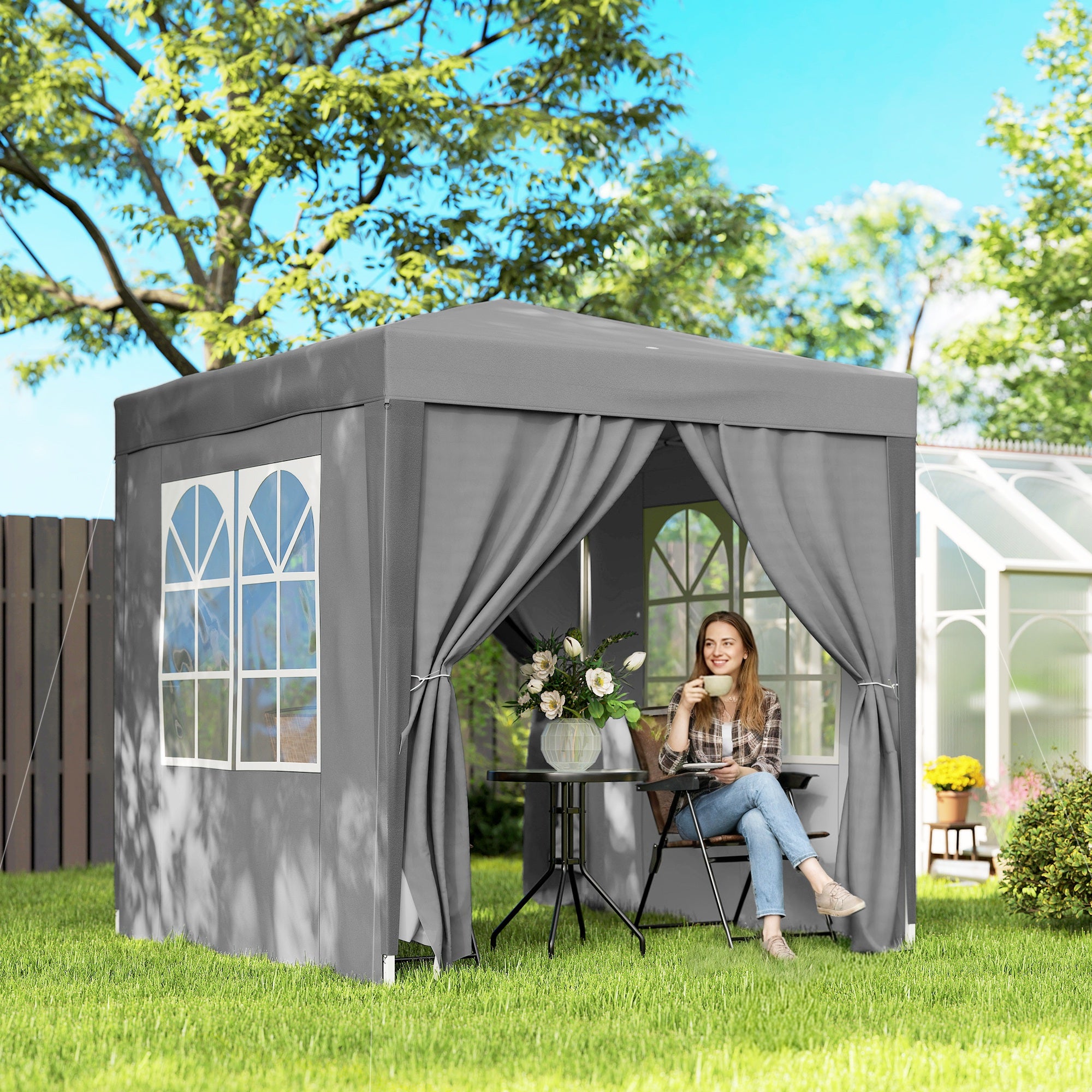 Outsunny Carpa Plegable Pop-up Gazebo 2x2 m Cenador Plegable con 4 Paredes Laterales Anti-UV y Bolsa de Transporte para Camping Fiestas Gris