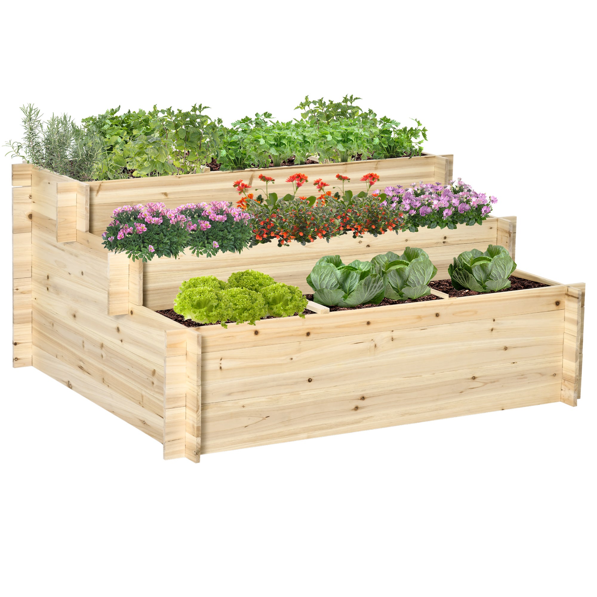 Outsunny Huerto Urbano Jardinera de Madera de 3 Niveles con Tela Geotextil para Cultivos Plantas Flores para Jardín Terraza Exterior 117x100x54 cm Natural