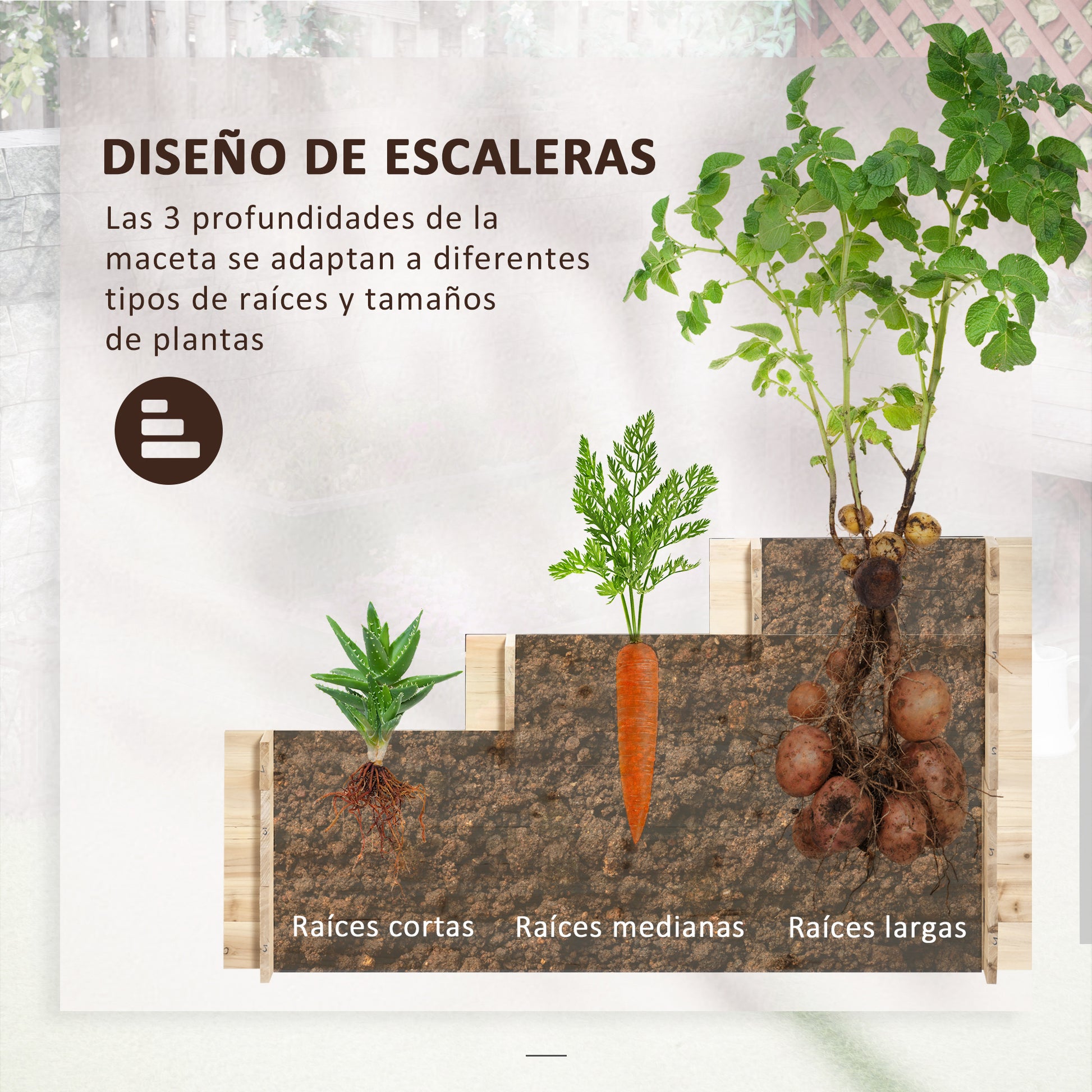 Outsunny Huerto Urbano Jardinera de Madera de 3 Niveles con Tela Geotextil para Cultivos Plantas Flores para Jardín Terraza Exterior 117x100x54 cm Natural