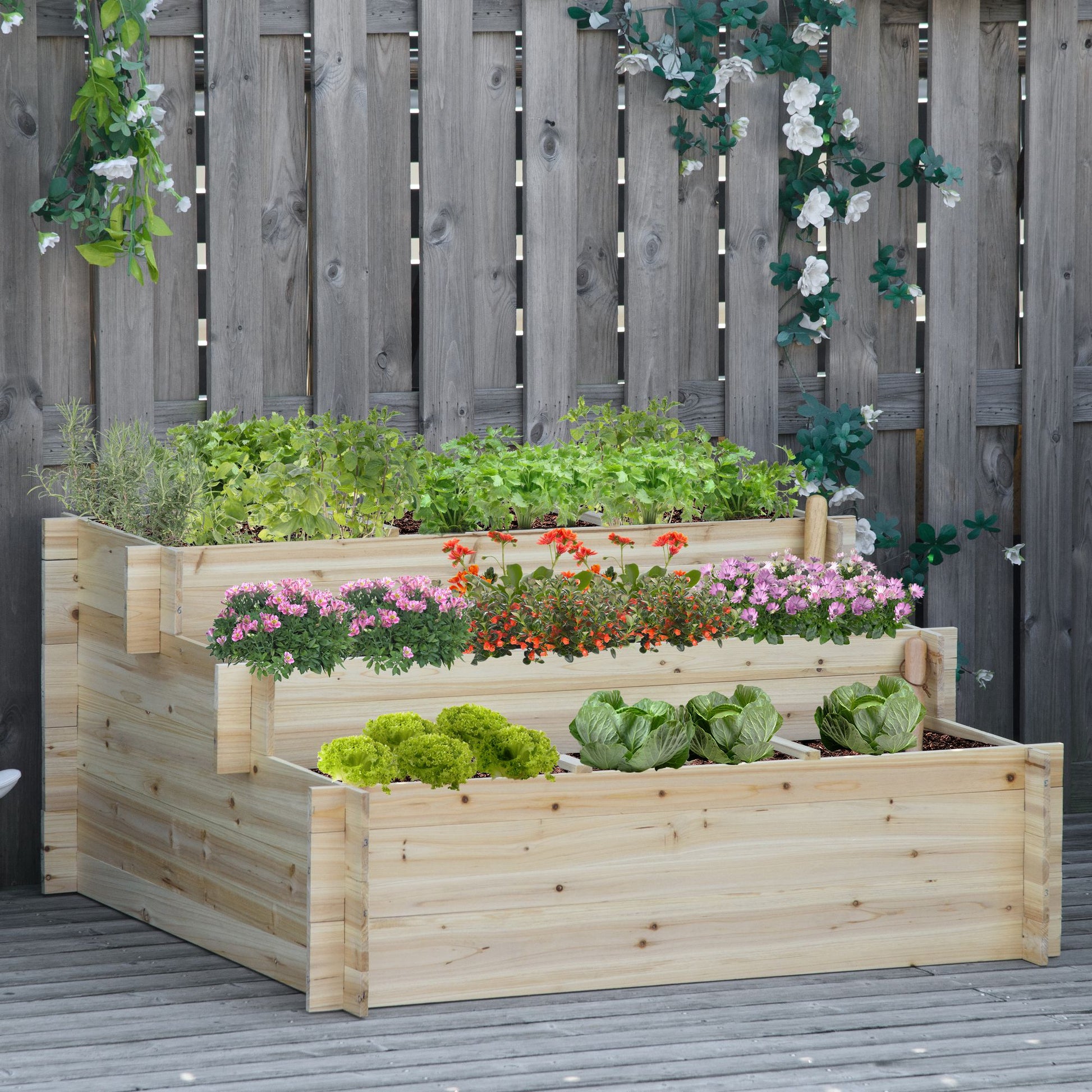 Outsunny Huerto Urbano Jardinera de Madera de 3 Niveles con Tela Geotextil para Cultivos Plantas Flores para Jardín Terraza Exterior 117x100x54 cm Natural