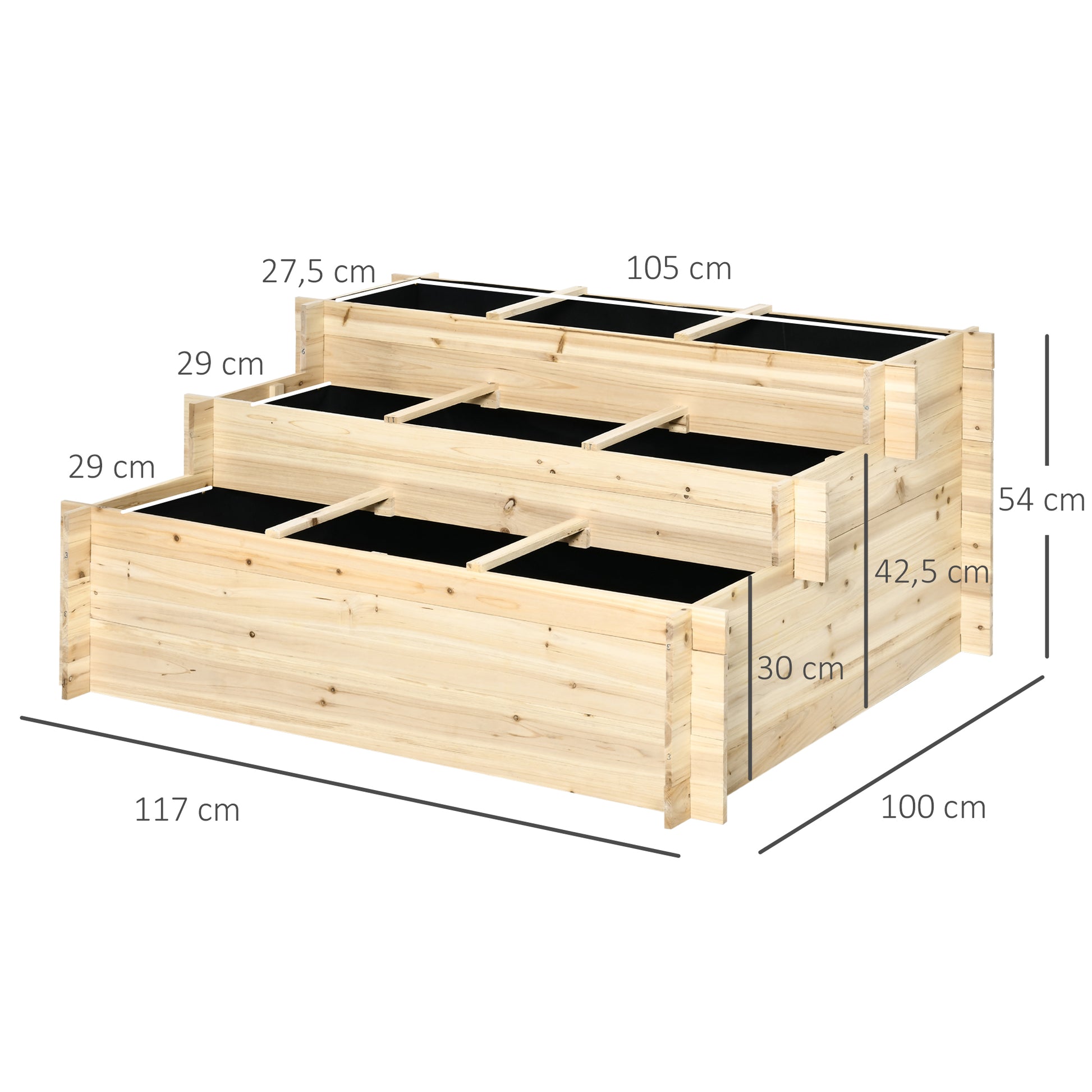 Outsunny Huerto Urbano Jardinera de Madera de 3 Niveles con Tela Geotextil para Cultivos Plantas Flores para Jardín Terraza Exterior 117x100x54 cm Natural