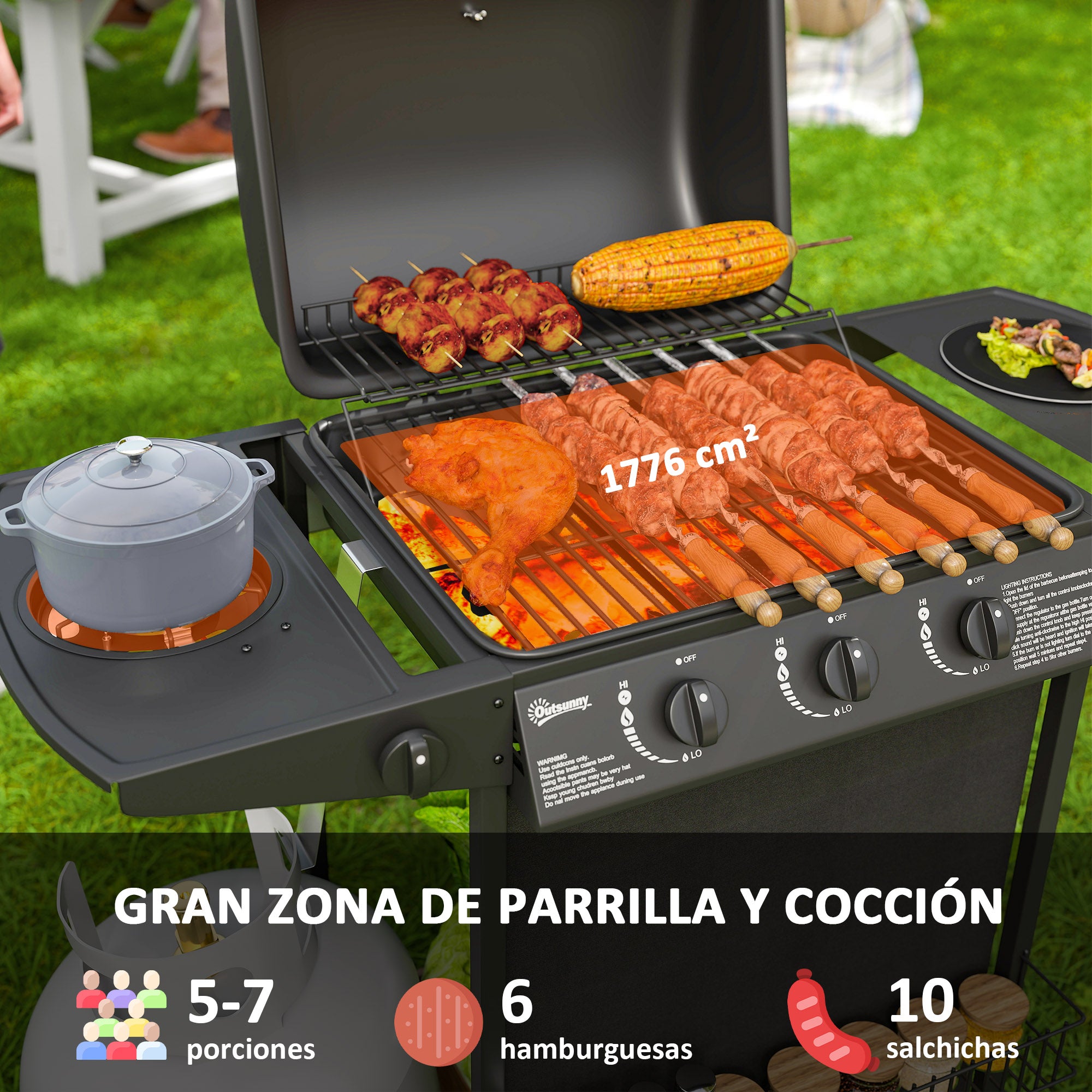 Outsunny Barbacoa de Gas BBQ Gas con 3+1 Quemadores 9,5 kW Barbacoa Portátil con Termómetro Mesa Lateral Estante Especiero Parrilla Recogedor de Grasa 2 Ruedas para Jardín Exterior Camping Negro