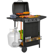 Outsunny Barbacoa de Gas BBQ Gas con 3+1 Quemadores 9,5 kW Barbacoa Portátil con Termómetro Mesa Lateral Estante Especiero Parrilla Recogedor de Grasa 2 Ruedas para Jardín Exterior Camping Negro