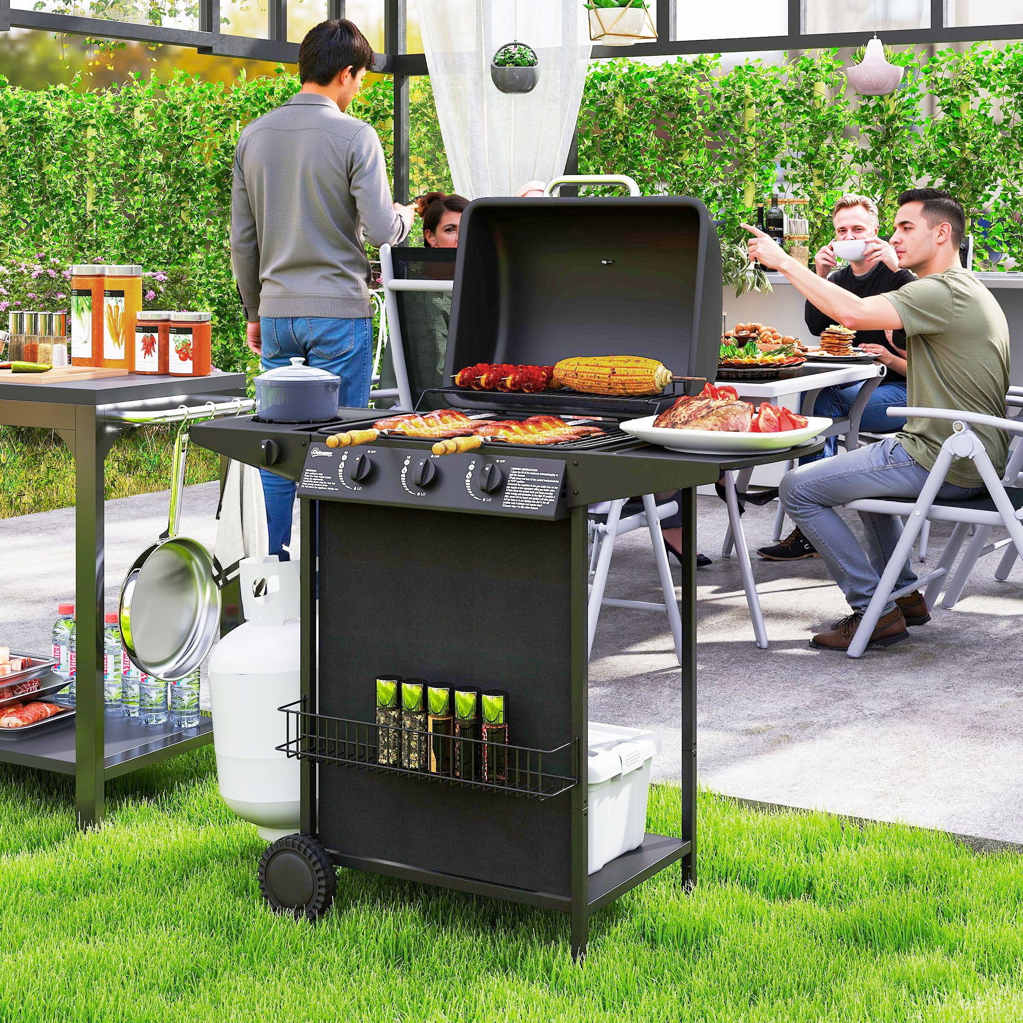 Outsunny Barbacoa de Gas BBQ Gas con 3+1 Quemadores 9,5 kW Barbacoa Portátil con Termómetro Mesa Lateral Estante Especiero Parrilla Recogedor de Grasa 2 Ruedas para Jardín Exterior Camping Negro
