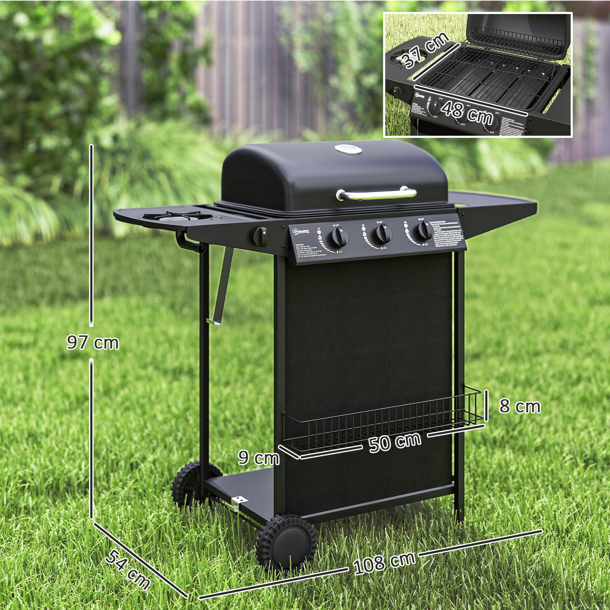 Outsunny Barbacoa de Gas BBQ Gas con 3+1 Quemadores 9,5 kW Barbacoa Portátil con Termómetro Mesa Lateral Estante Especiero Parrilla Recogedor de Grasa 2 Ruedas para Jardín Exterior Camping Negro