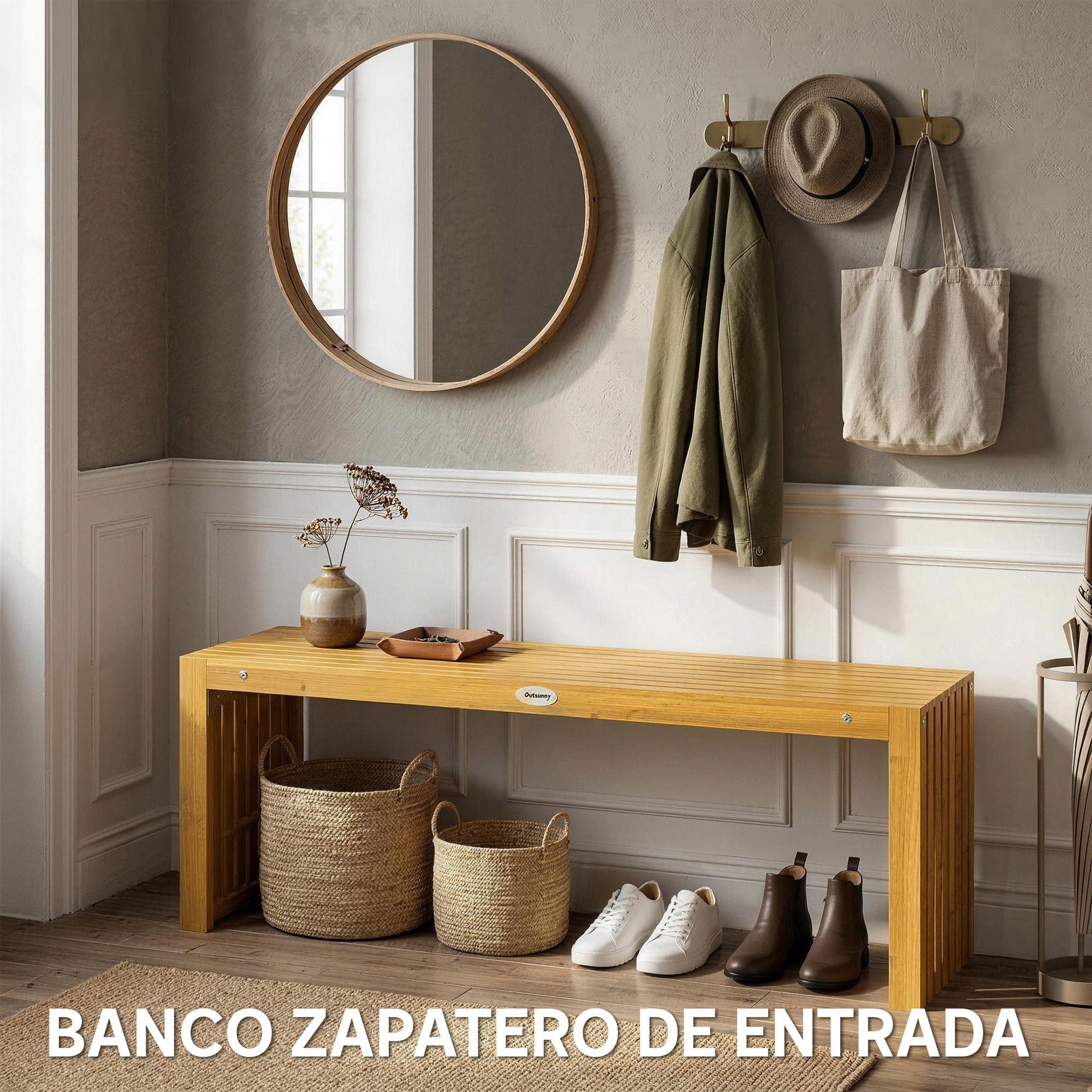 Outsunny Banco de Jardín de Madera, 110 cm, Banco Exterior Rústico de 2 Plazas con Asiento de Listones, Carga 240 kg, para Patio, Porche, Parque, Balcón, Natural