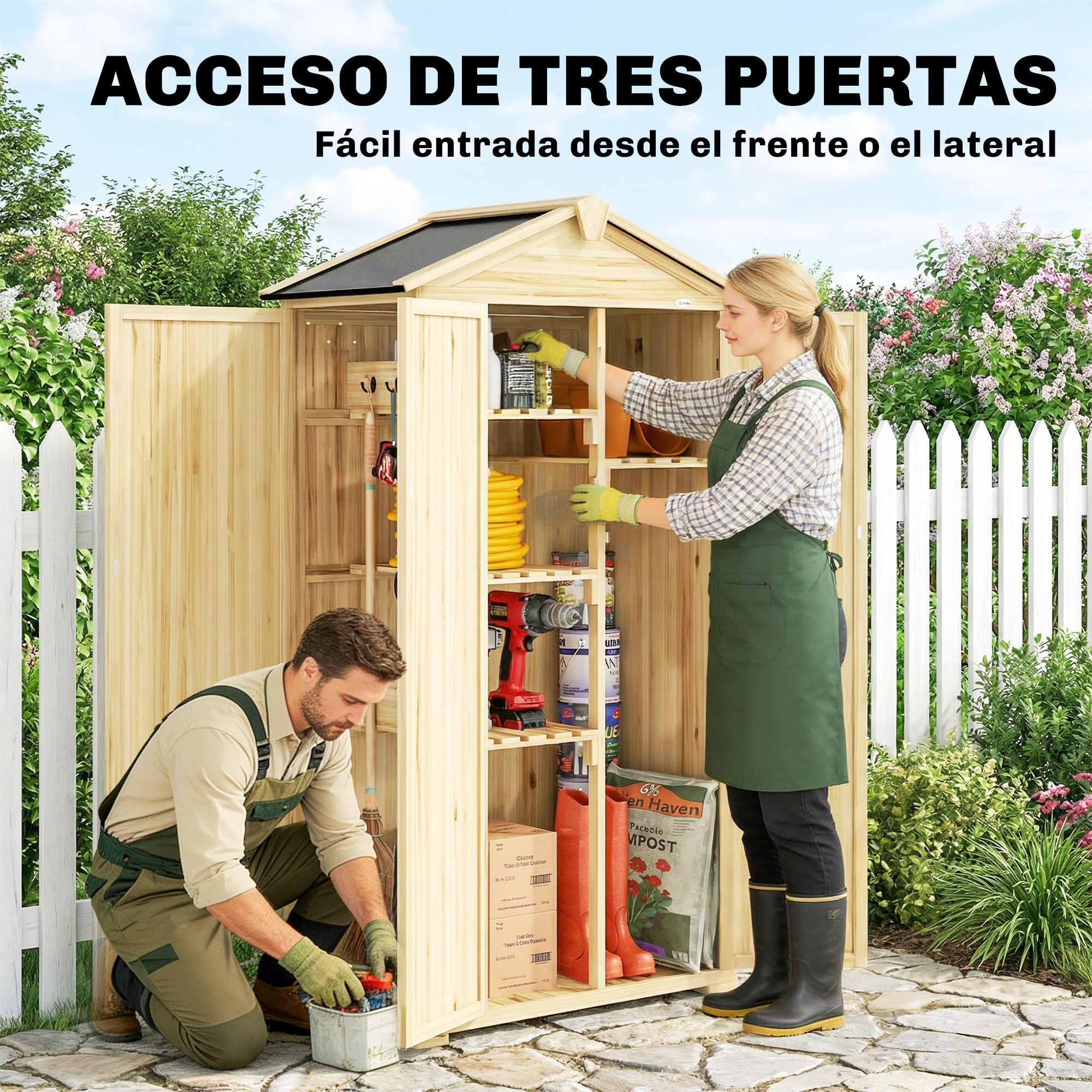 Outsunny Caseta de Jardín de Madera 93x53x168 cm, Cobertizo Jardín Exterior, Armario Exterior para Herramientas con Puertas Bloqueables, 4 Estantes, Techo Asfáltico Inclinado y Ganchos, Madera Natural