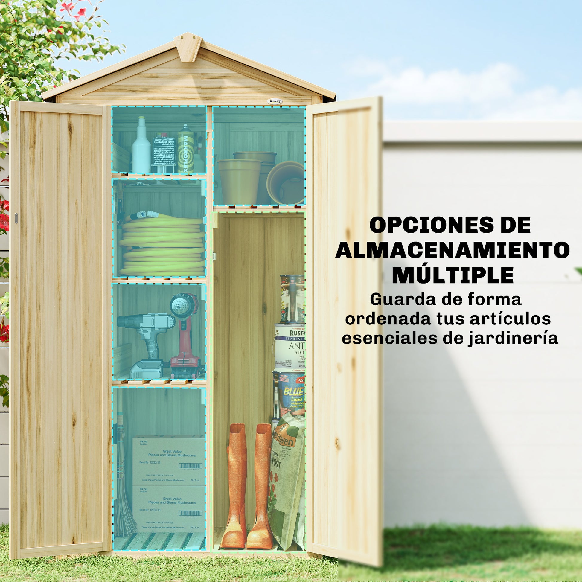 Outsunny Caseta de Jardín de Madera 93x53x168 cm, Cobertizo Jardín Exterior, Armario Exterior para Herramientas con Puertas Bloqueables, 4 Estantes, Techo Asfáltico Inclinado y Ganchos, Madera Natural