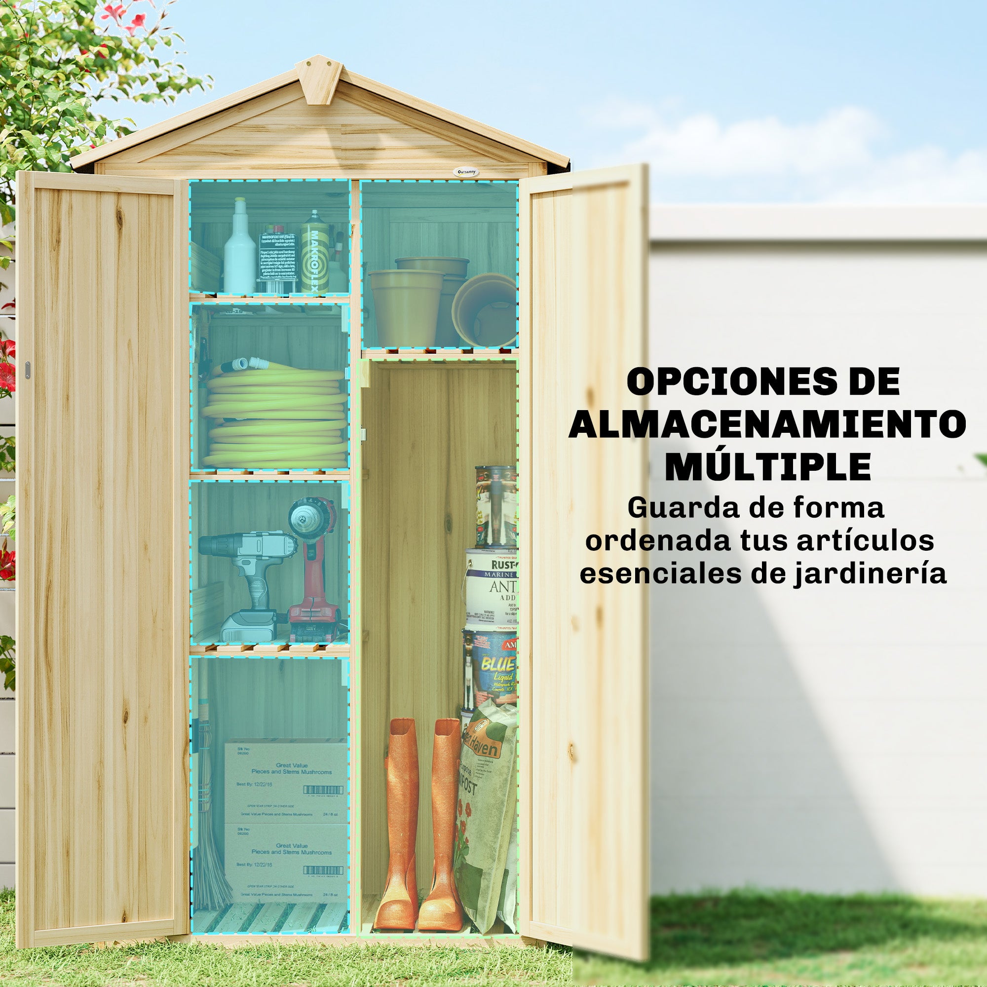 Outsunny Caseta de Jardín de Madera 93x53x168 cm, Cobertizo Jardín Exterior, Armario Exterior para Herramientas con Puertas Bloqueables, 4 Estantes, Techo Asfáltico Inclinado y Ganchos, Madera Natural