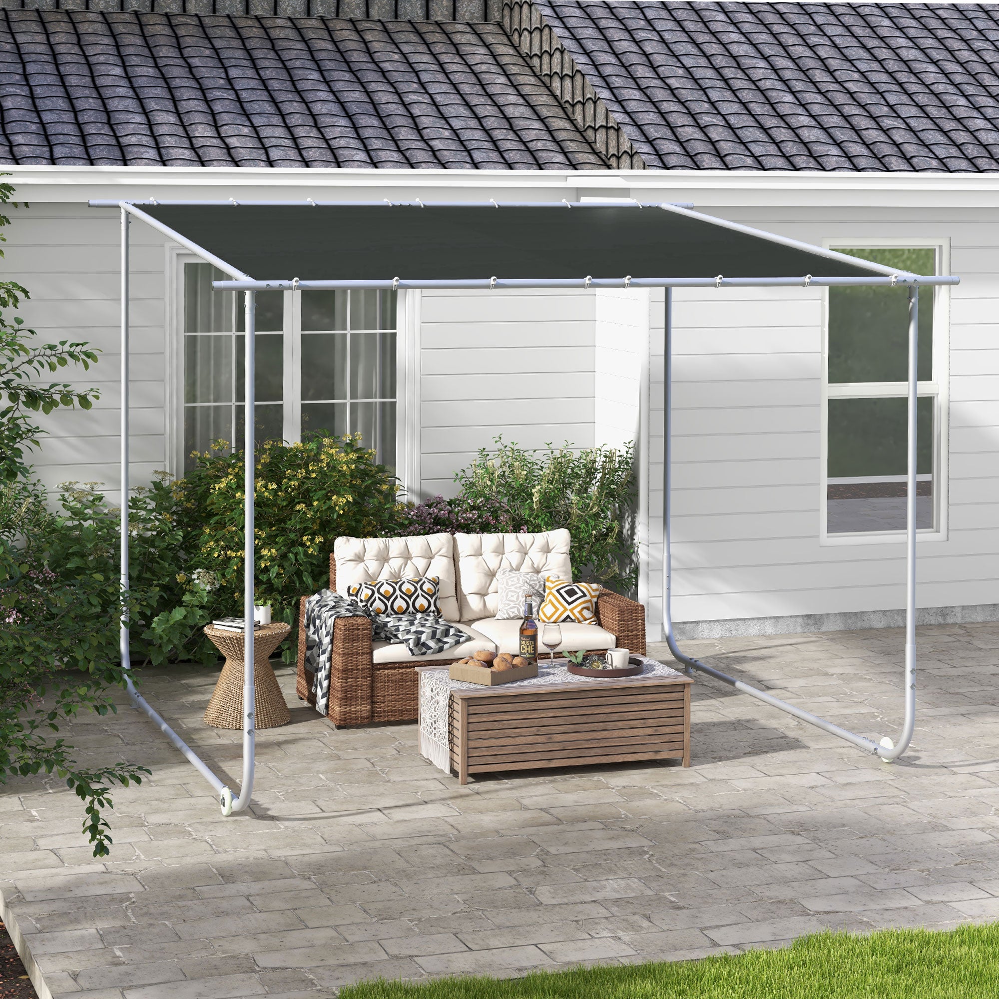 Outsunny Pérgola 3x3 m Cenador de Jardín con Ruedas Protección UV 30+ Impermeable Sacos de Arena y Marco de Acero para Patio Terraza Balcón Gris Oscuro