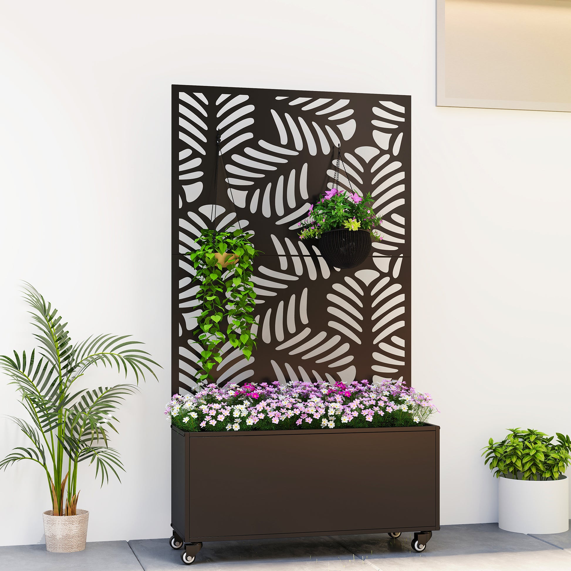 Outsunny Jardinera Exterior Grande de Metal con Ruedas, Jardinera con Pantalla de Privacidad de Hojas de Monstera, Macetero con Enrejado para Plantas Trepadoras, Patio, Terraza, 90x30x160 cm, Negro