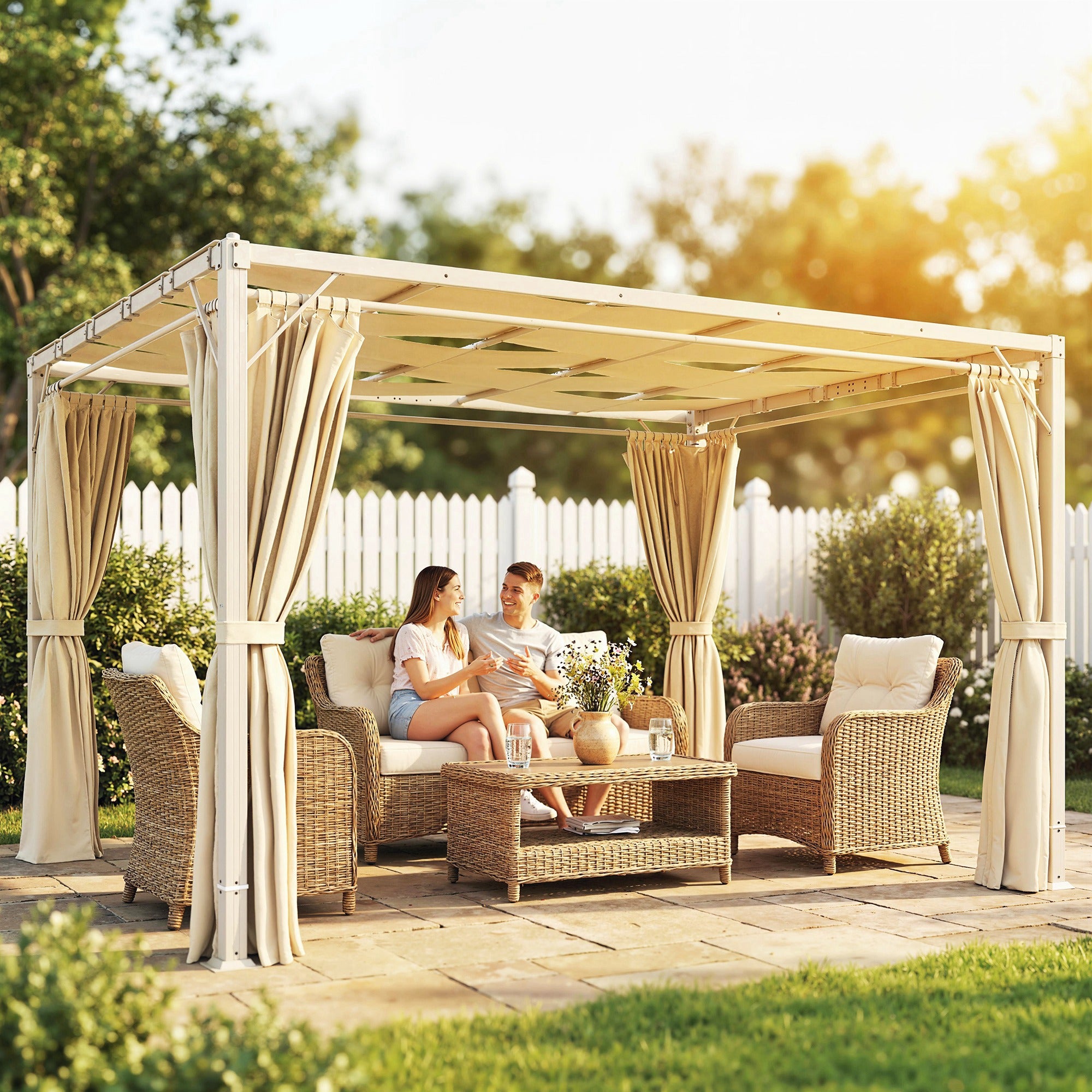 Outsunny Pérgola de Jardín 3x4 m, Cenador de Jardín con Techo Ondulado, 4 Cortinas Extraíbles, Protección UPF50+ y Estructura de Acero Resistente, Pabellón para Exterior, Patio, Terraza, Beige