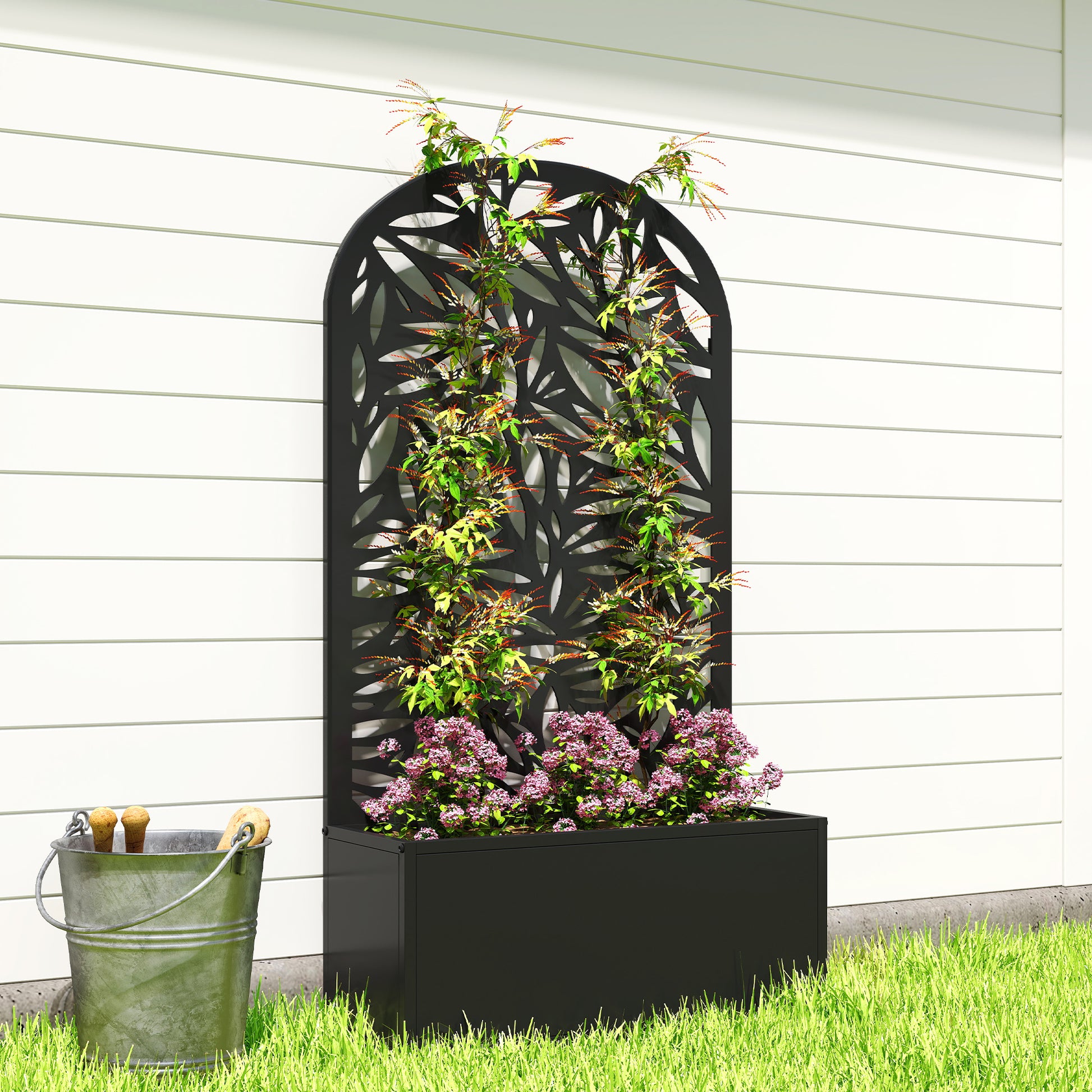 Outsunny Jardinera Exterior Grande de Metal, Jardinera con Pantalla de Privacidad Curva de Hojas Decorativas, Macetero de Pared o Independiente para Plantas Trepadoras, Patio, 61x23x113 cm, Negro