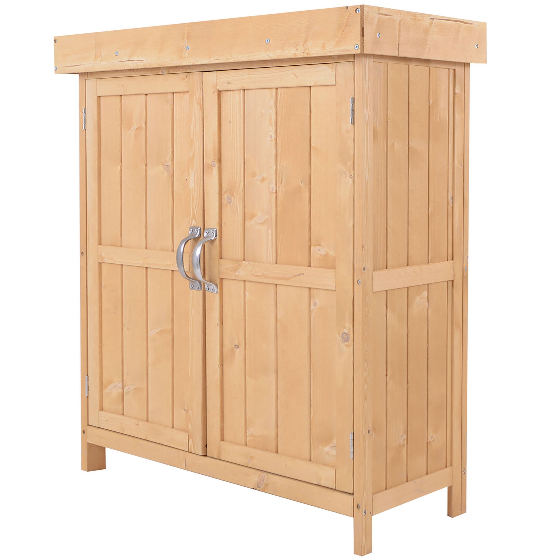 Outsunny Armario de Jardín de Madera 74x43x88 cm Cobertizo Exterior para Almacenamiento de Herramientas Leñas con 2 Puertas y Techo Asfáltico Abatible Natural
