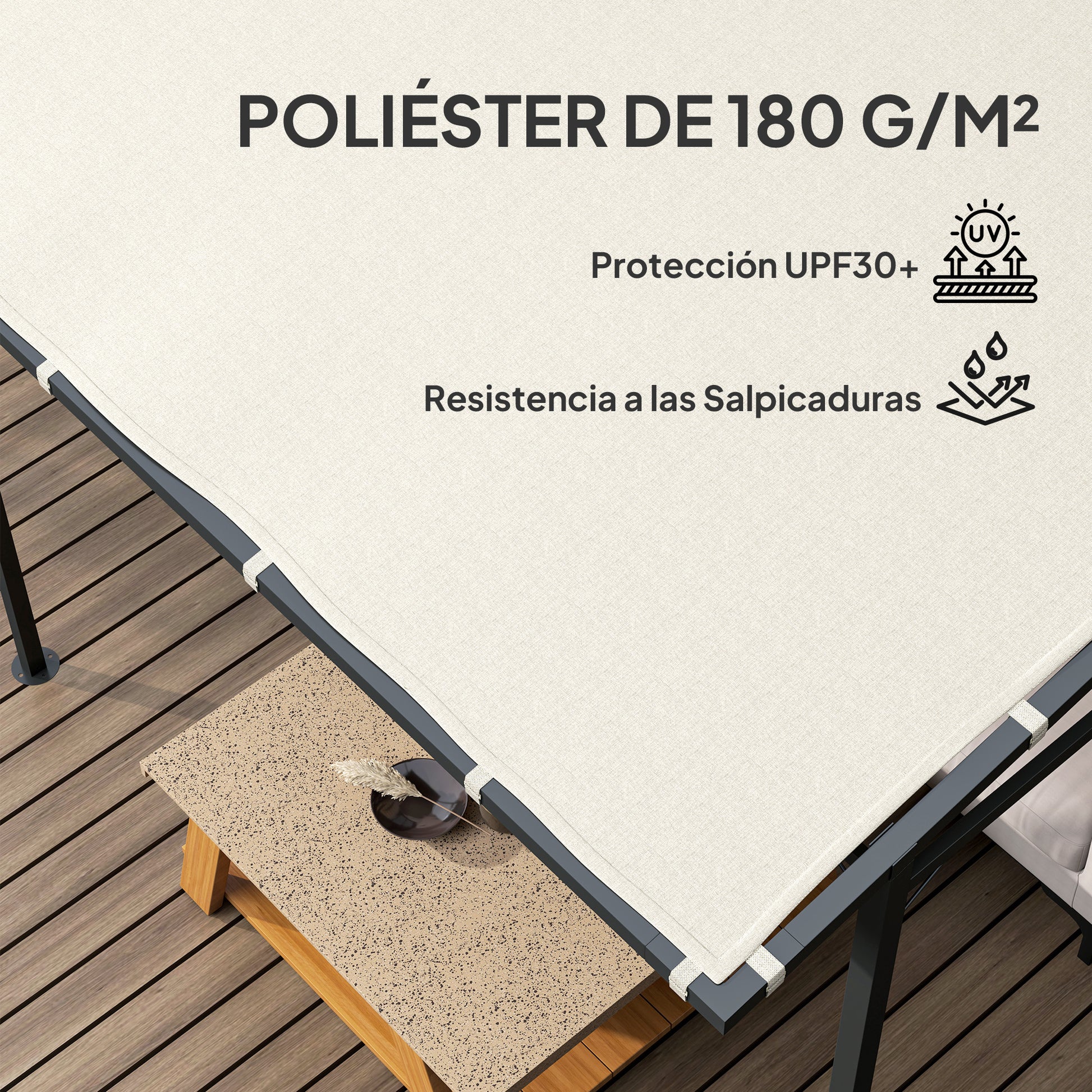 Outsunny Pérgola de Pared 2,4x2,4 m Cenador de Jardín con Techo Inclinado Protección UV 30+ Impermeable y Marco de Metal para Patio Terraza Balcón Crema