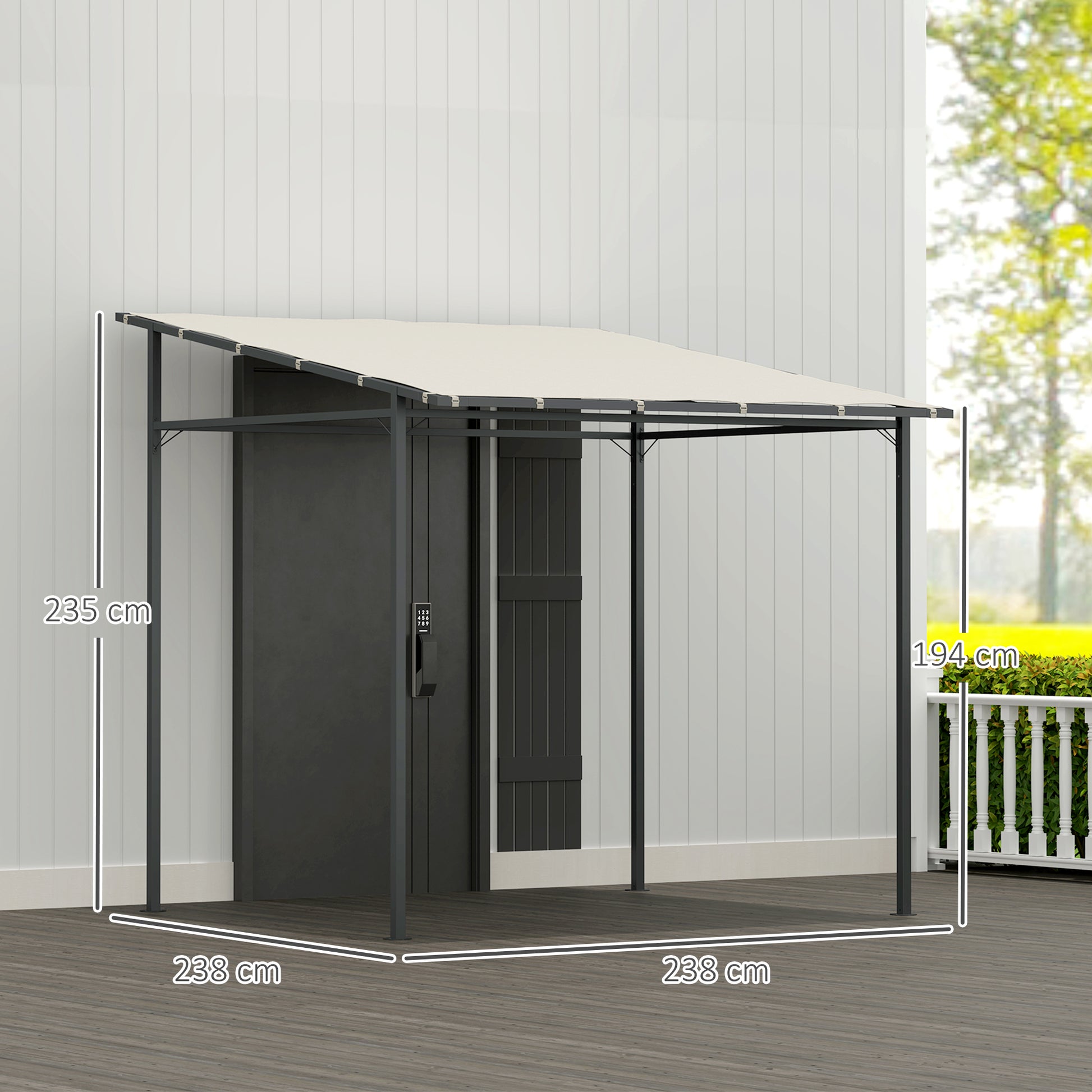 Outsunny Pérgola de Pared 2,4x2,4 m Cenador de Jardín con Techo Inclinado Protección UV 30+ Impermeable y Marco de Metal para Patio Terraza Balcón Crema