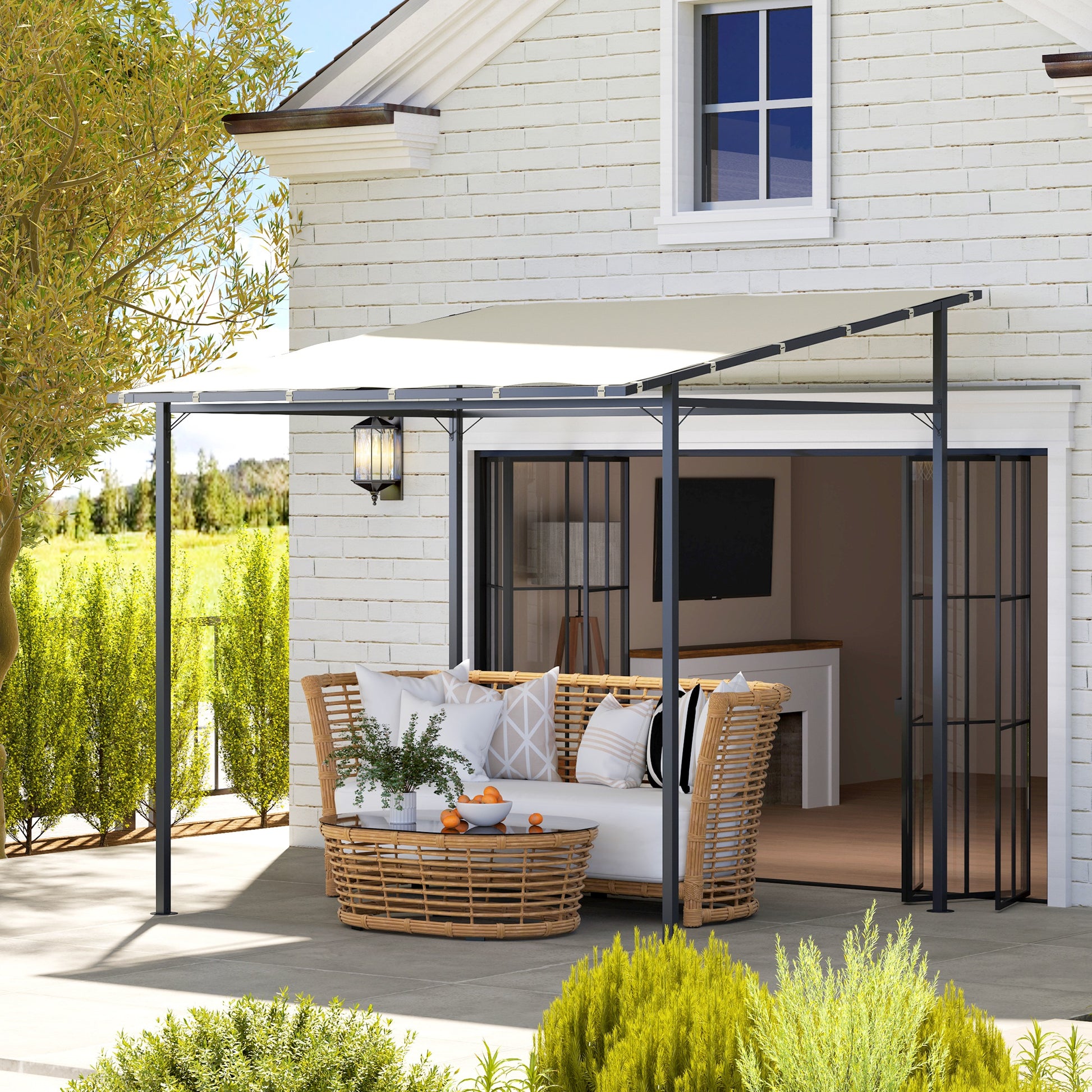 Outsunny Pérgola de Pared 2,4x2,4 m Cenador de Jardín con Techo Inclinado Protección UV 30+ Impermeable y Marco de Metal para Patio Terraza Balcón Crema