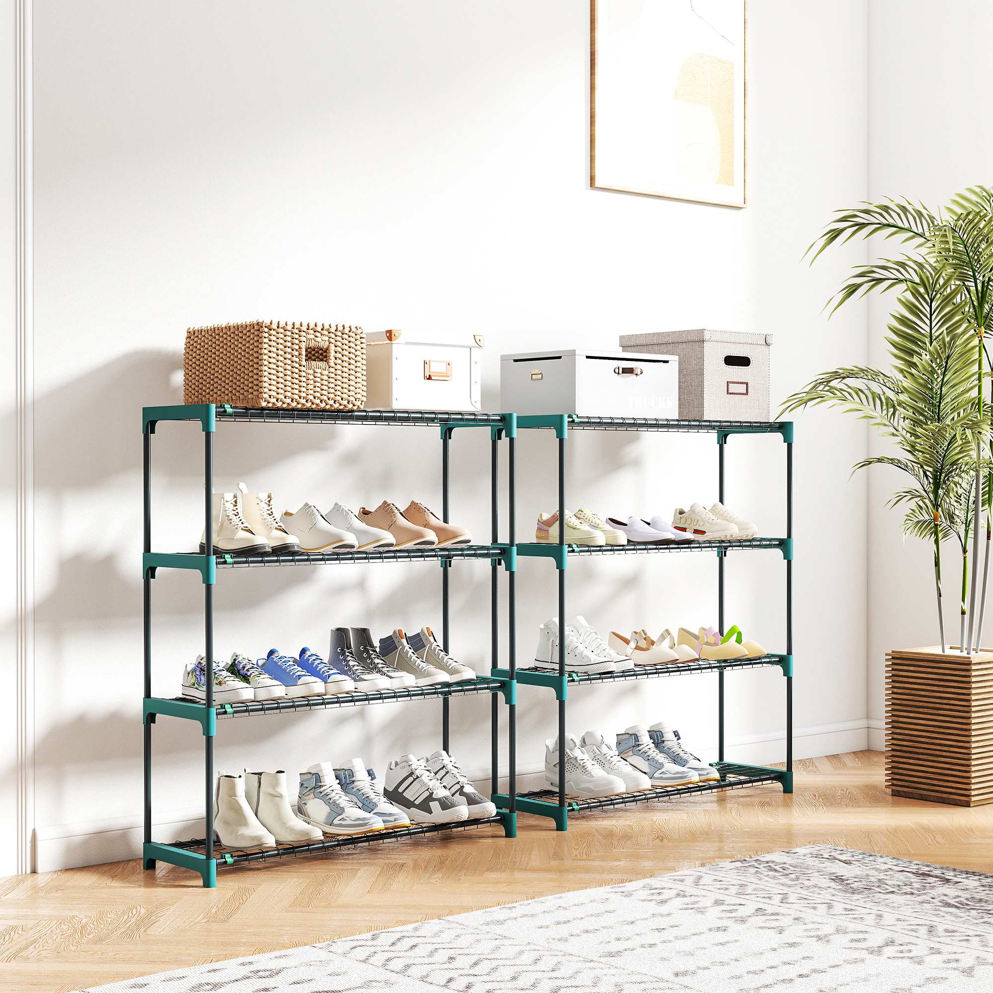 Outsunny Juego de 2 Soportes para Plantas de 4 Niveles para Interior y Exterior, Estanterías para Plantas de Acero con Conectores para Fácil Montaje, Estantes para Macetas, Jardín, Balcón, Verde