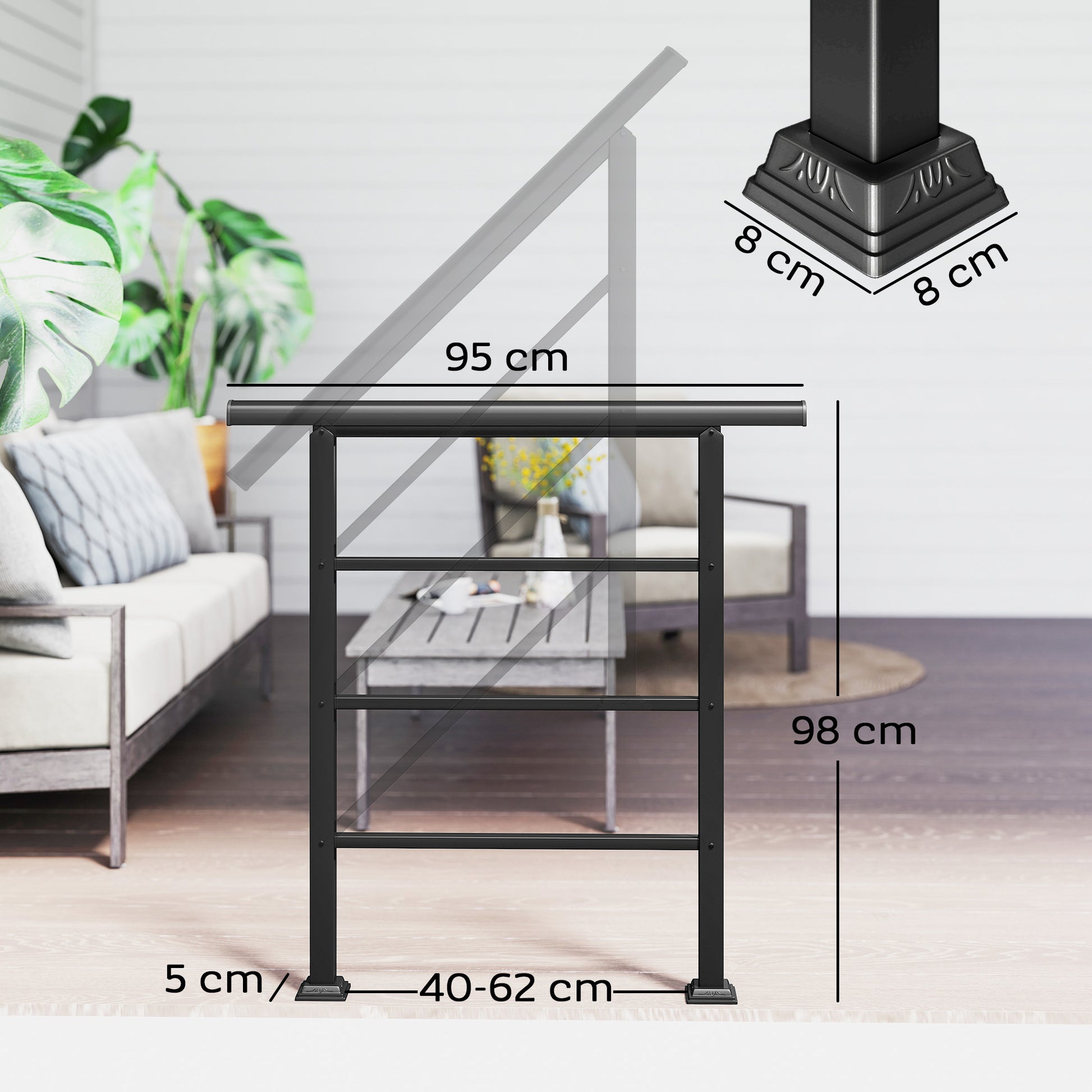 Outsunny Barandilla de Escalera, 95 cm, Pasamanos para Escalera con Kit de Instalación, Ángulo Ajustable para 1-3 Escalones, para Porches, Madera y Concreto, para Exterior, Terraza, Patio, Negro