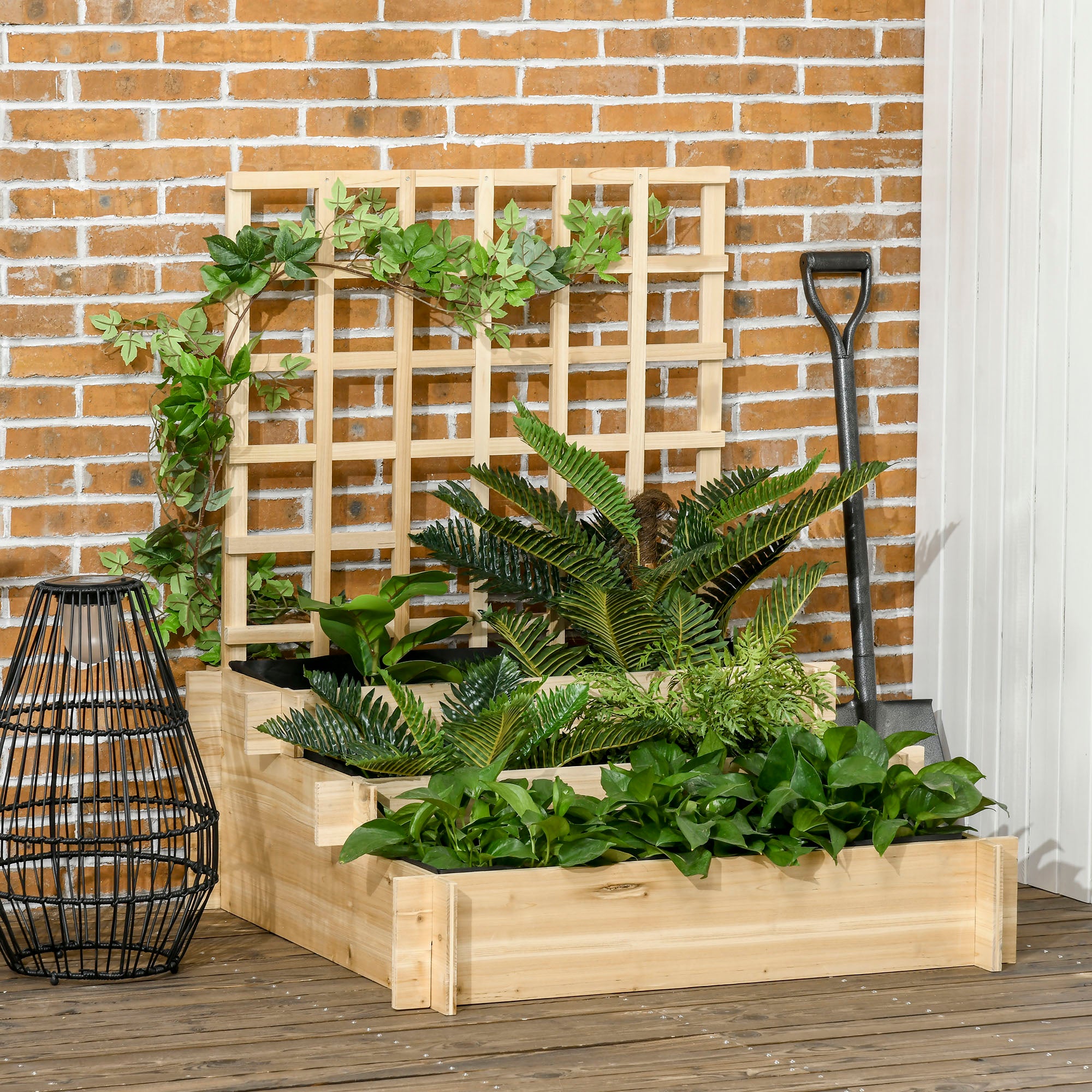 Outsunny Huerto Urbano de 3 Niveles con Enrejado Escalera de Jardinera de Madera con Tela no Tejida para Cultivos Verduras Flores Hierbas 95x95x110 cm Natural