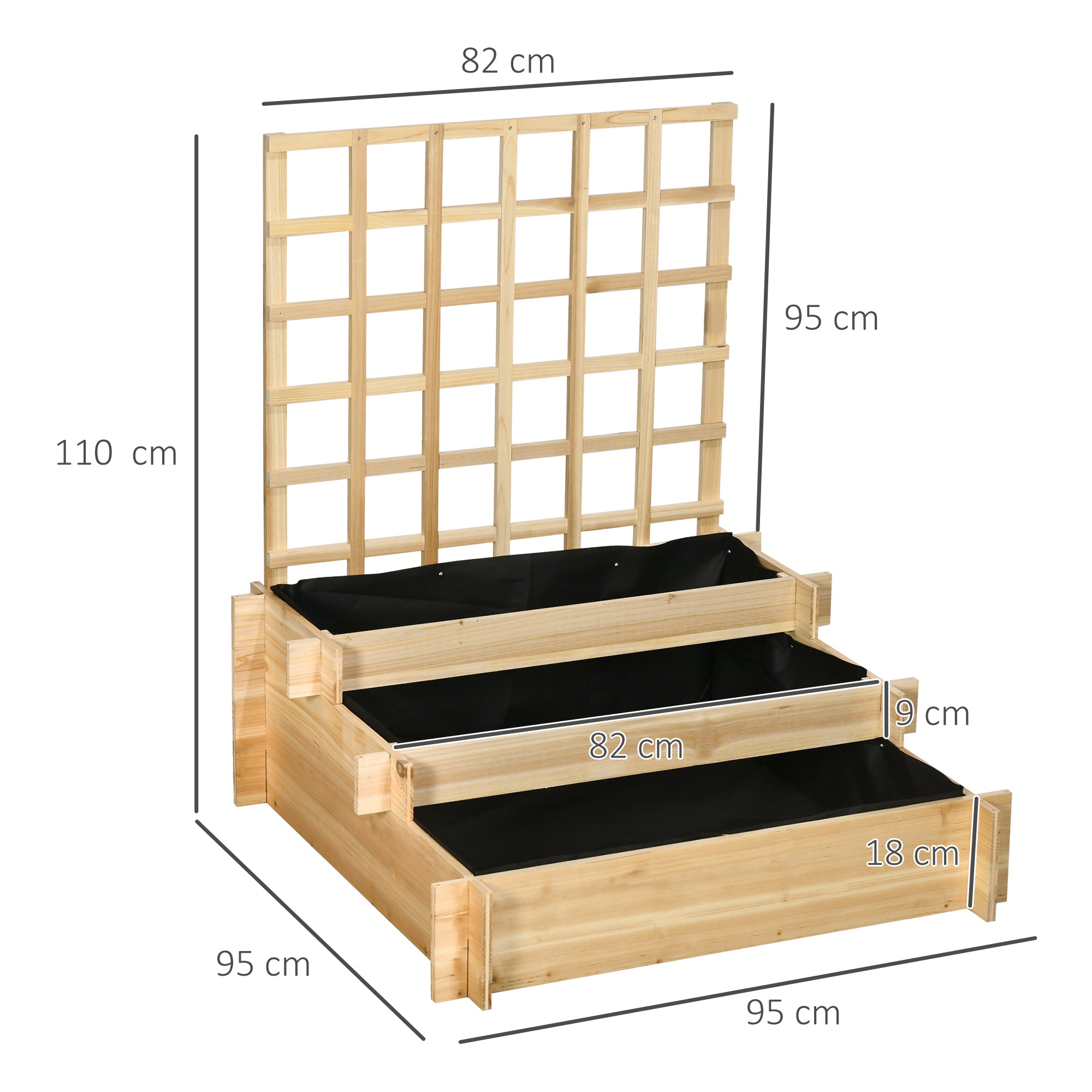 Outsunny Huerto Urbano de 3 Niveles con Enrejado Escalera de Jardinera de Madera con Tela no Tejida para Cultivos Verduras Flores Hierbas 95x95x110 cm Natural