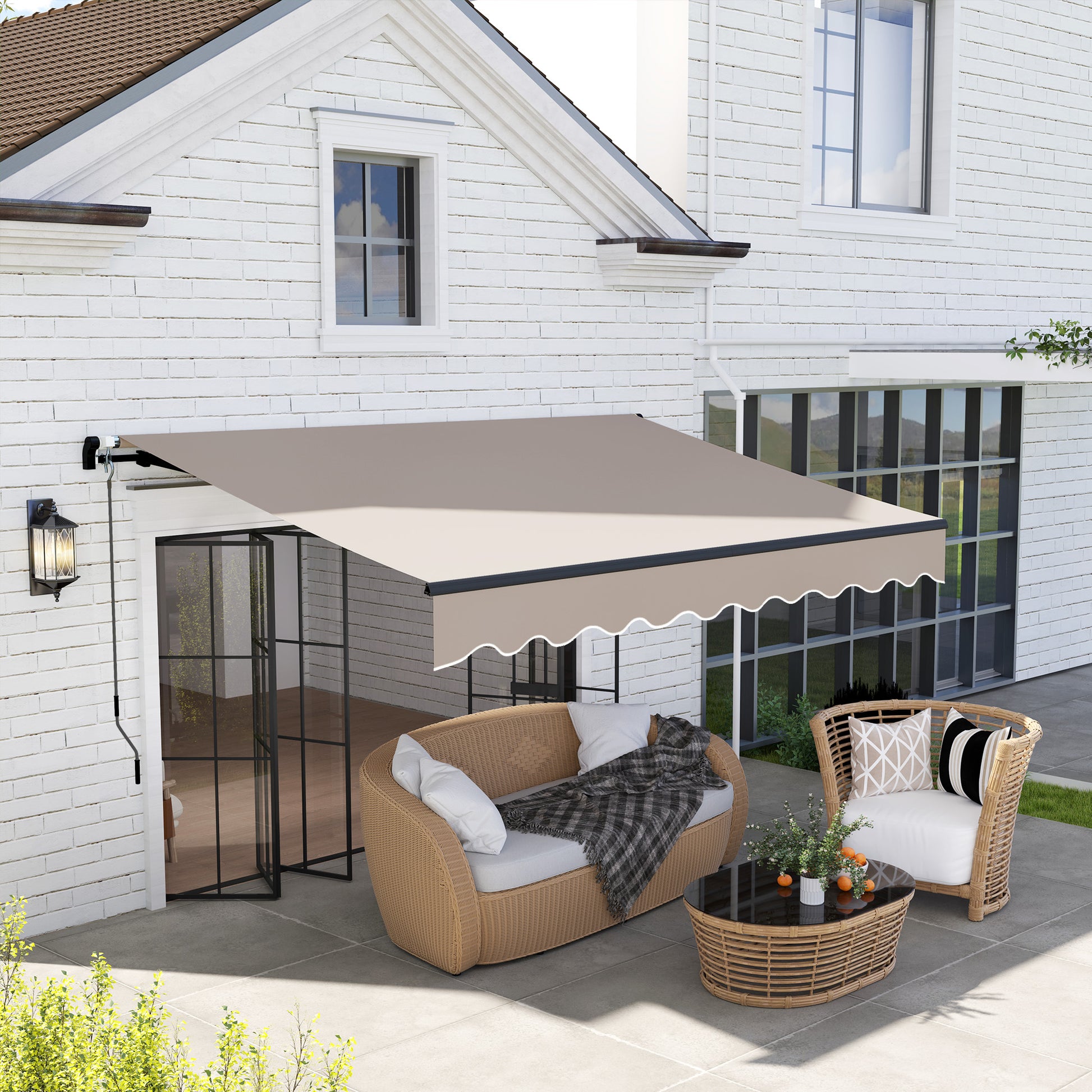 Outsunny Toldo Manual Retráctil 360x220 cm Toldo para Balcón con Manivela de Aluminio 3 Brazos y Protección UV30+ Toldo Enrollable de Exterior para Jardín Terraza Ventanas Crema