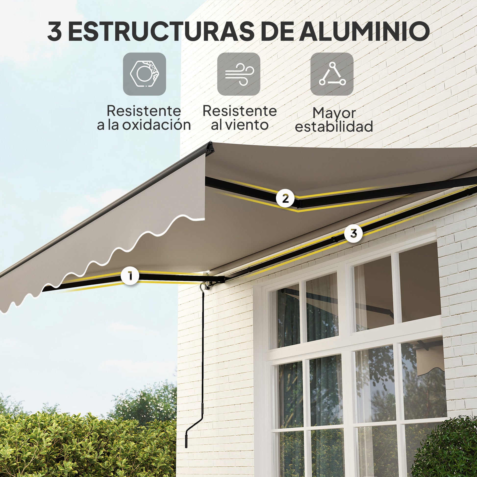 Outsunny Toldo Manual Retráctil 360x220 cm Toldo para Balcón con Manivela de Aluminio 3 Brazos y Protección UV30+ Toldo Enrollable de Exterior para Jardín Terraza Ventanas Crema