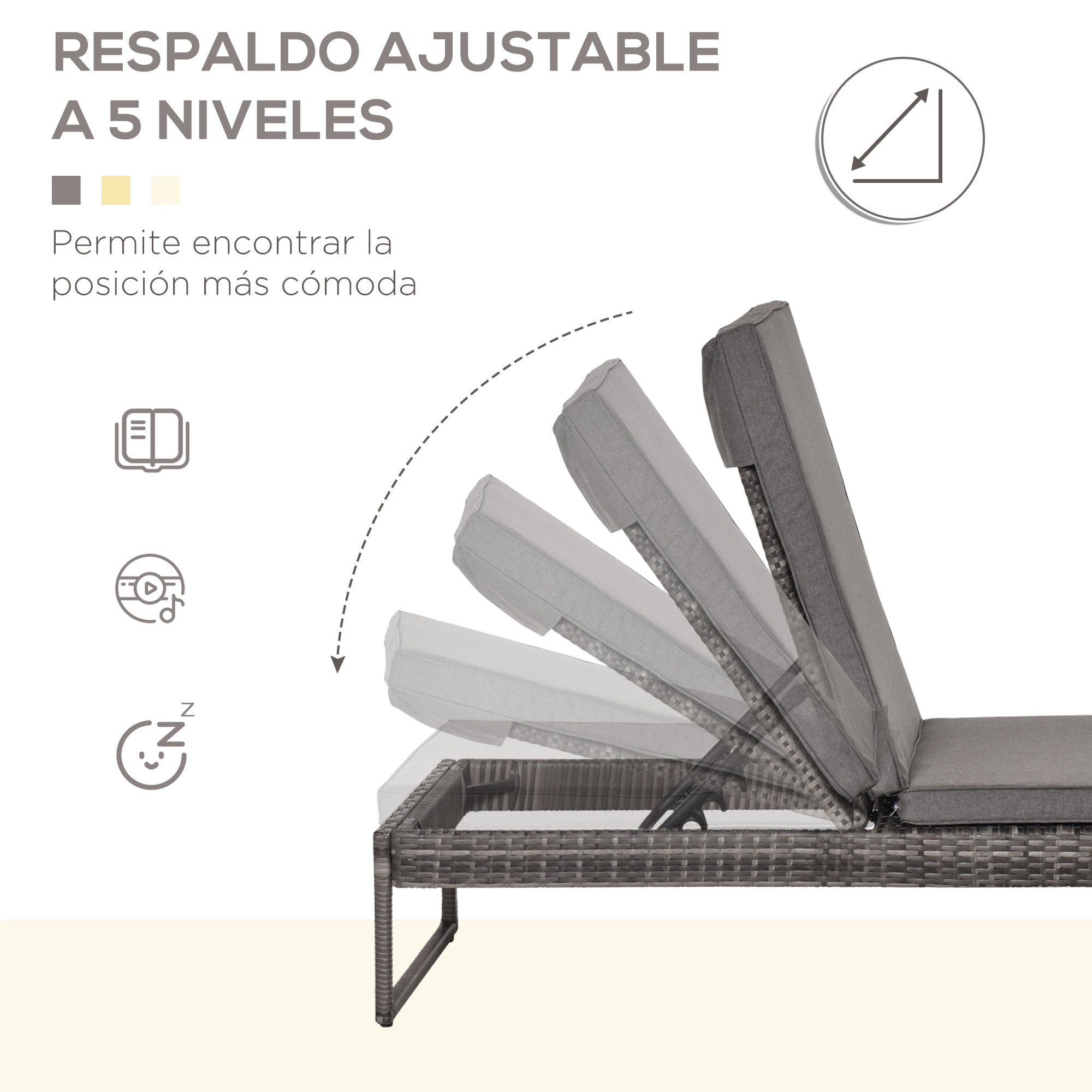 Outsunny Conjunto de 2 Tumbonas de Jardín con Cojines Acolchados Ratán con Mesa Auxiliar para Piscina o Terraza Carga 160kg 195x60x86 cm Acero Gris