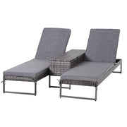 Outsunny Conjunto de 2 Tumbonas de Jardín con Cojines Acolchados Ratán con Mesa Auxiliar para Piscina o Terraza Carga 160kg 195x60x86 cm Acero Gris