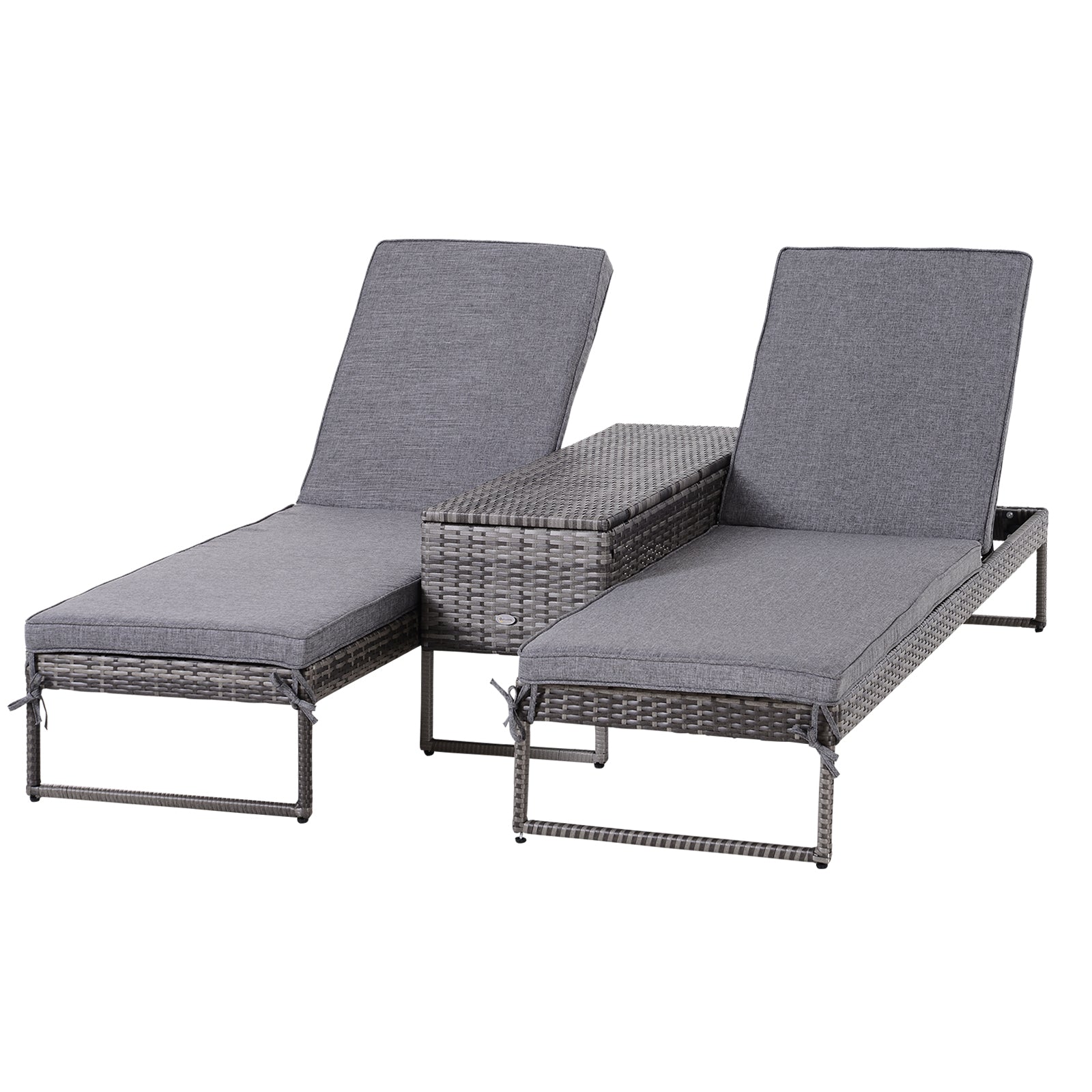 Outsunny Conjunto de 2 Tumbonas de Jardín con Cojines Acolchados Ratán con Mesa Auxiliar para Piscina o Terraza Carga 160kg 195x60x86 cm Acero Gris
