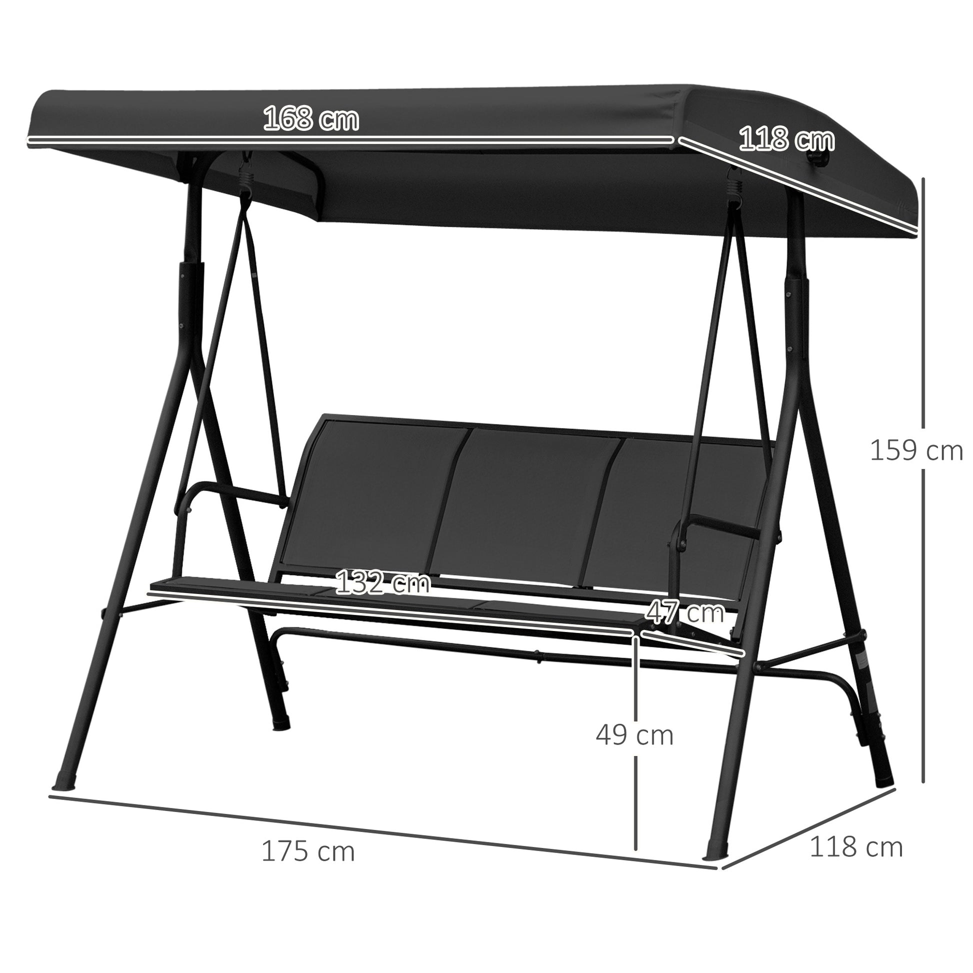 Outsunny Columpio de Jardín Exterior de 3 Plazas con Toldo Reclinable, Balancín de Jardín Exterior con Respaldo Transpirable y Marco de Acero, para Terraza Balcón, 175x118x159 cm, Negro