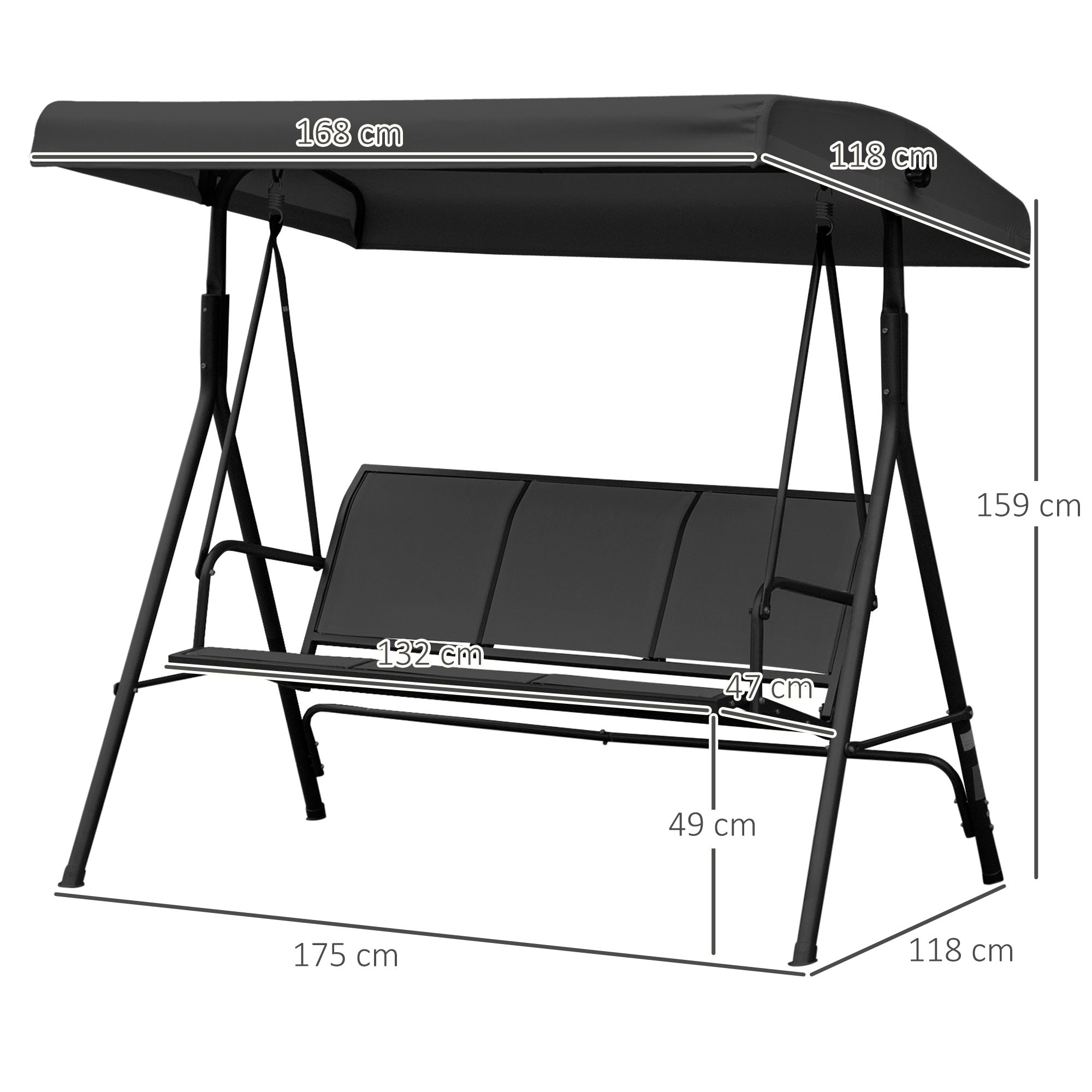 Outsunny Columpio de Jardín Exterior de 3 Plazas con Toldo Reclinable, Balancín de Jardín Exterior con Respaldo Transpirable y Marco de Acero, para Terraza Balcón, 175x118x159 cm, Negro