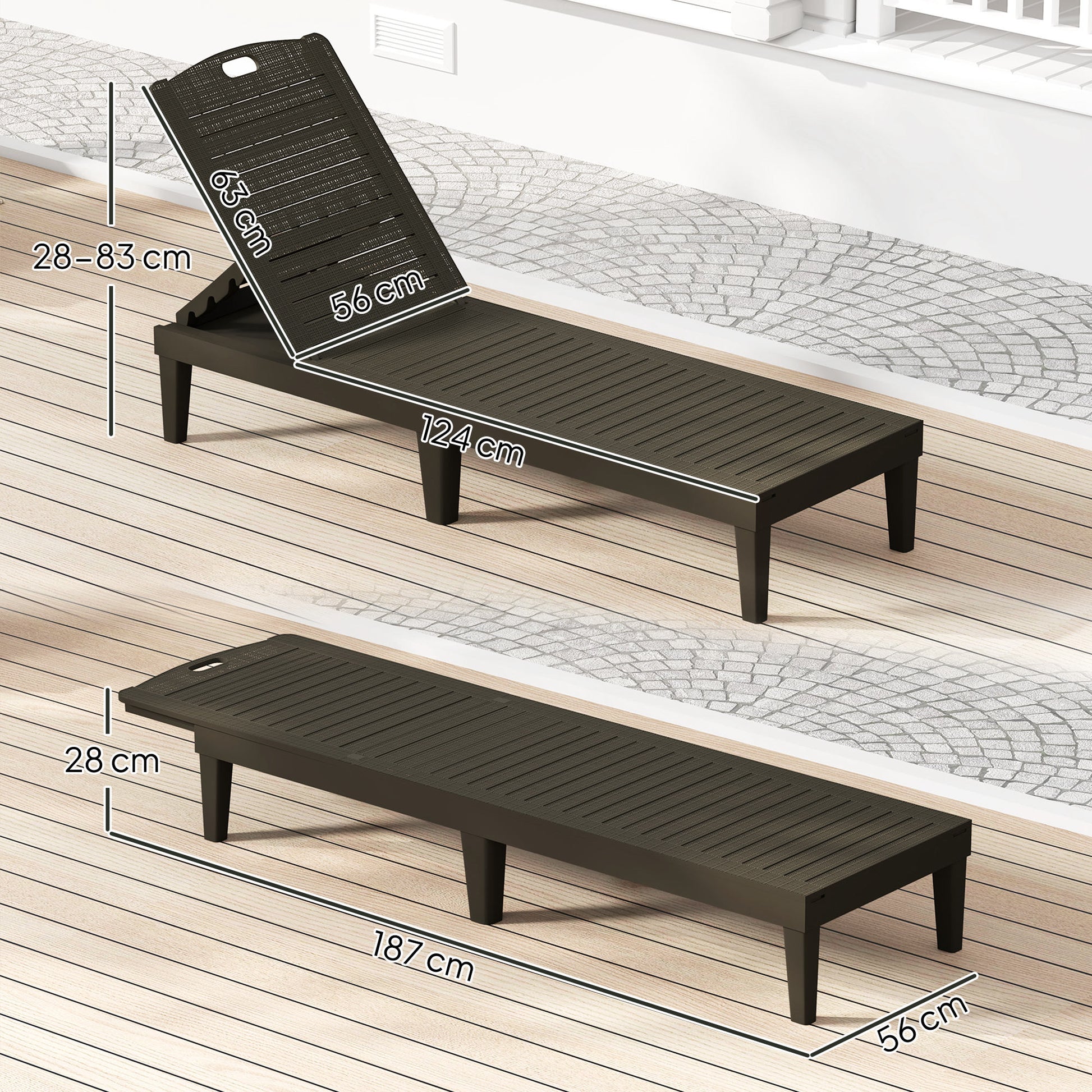 Outsunny Pack de 2 Tumbonas de Jardín Exterior, Tumbonas Reclinables de Plástico PP con Respaldo Ajustable de 4 Niveles, Resistentes a la Intemperie, para Playa, Piscina, Negro