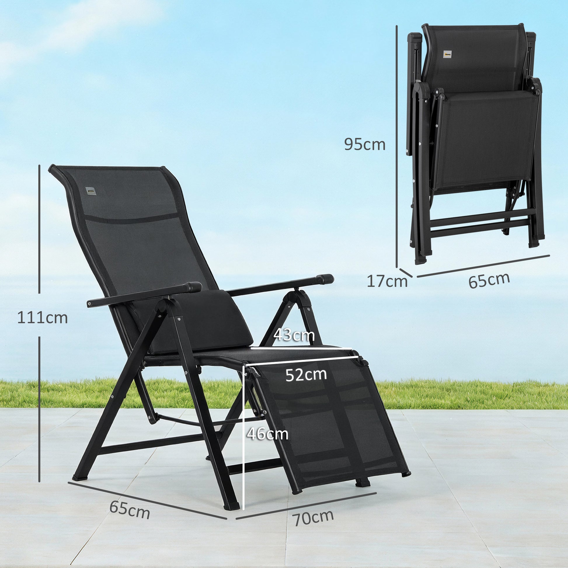 Outsunny Tumbona Plegable de Jardín, Tumbona Gravedad Cero con Respaldo Ajustable en 9 Posiciones, con Cojín, para Terraza, Piscina, Playa, Carga 150 kg, 70x65x111 cm, Negro
