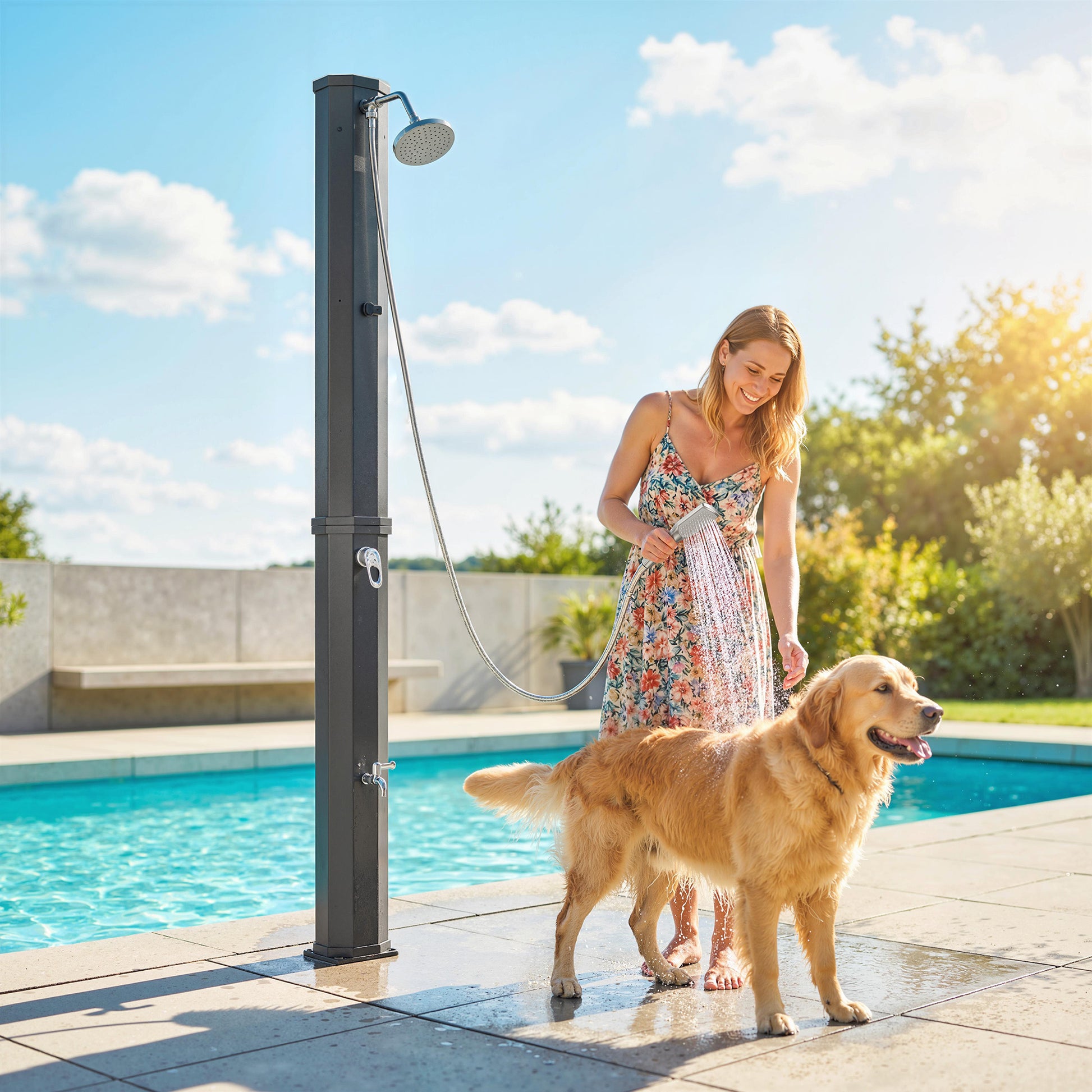 Outsunny Ducha Solar de Jardín 60 L Ducha Solar Exterior con Cabezal Rociador de Mano Grifo de Pies Agua Fría y Caliente Máx. 60 °C Conexión Manguera para Piscina Camping Patio 21,8x18,2x227 cm Negro