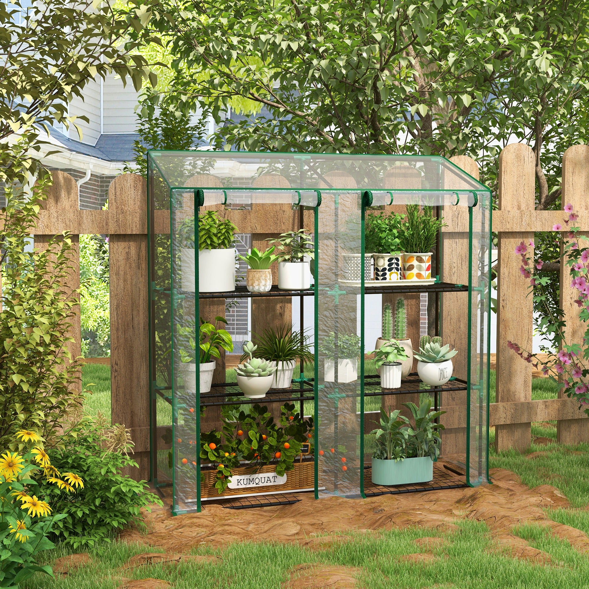Outsunny Invernadero de Jardín de 3 Niveles Invernadero de Terraza con Estantes Techo Inclinado y 2 Puertas con Cremallera para Cultivo de Plantas en Patio 143x46x141/151 cm Transparente