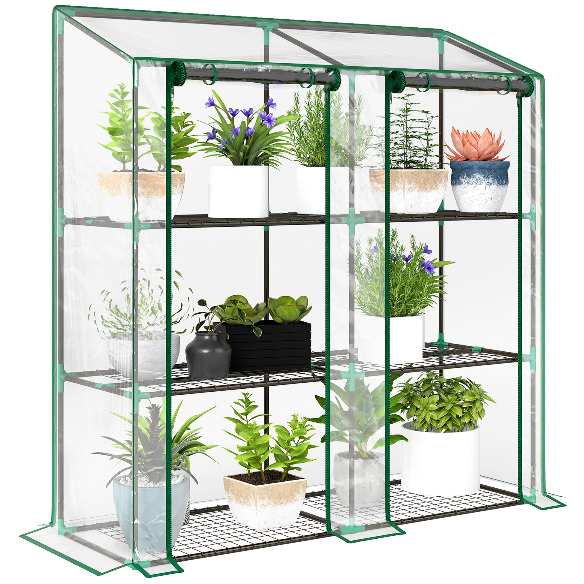 Outsunny Invernadero de Jardín de 3 Niveles Invernadero de Terraza con Estantes Techo Inclinado y 2 Puertas con Cremallera para Cultivo de Plantas en Patio 143x46x141/151 cm Transparente