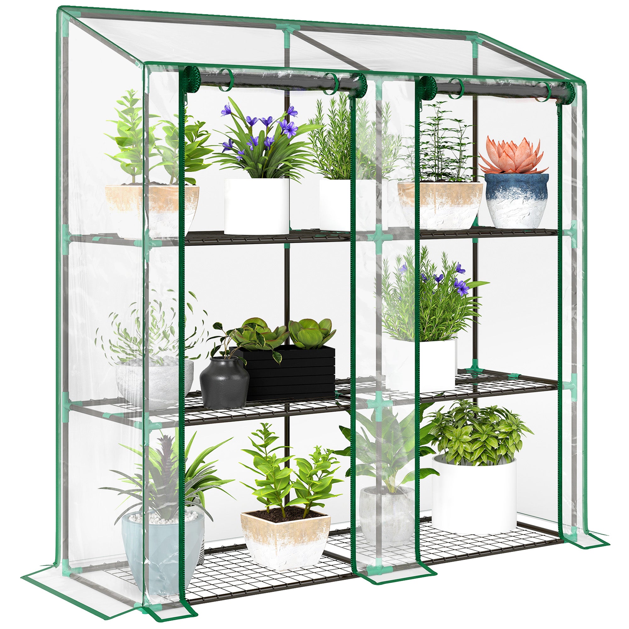 Outsunny Invernadero de Jardín de 3 Niveles Invernadero de Terraza con Estantes Techo Inclinado y 2 Puertas con Cremallera para Cultivo de Plantas en Patio 143x46x141/151 cm Transparente