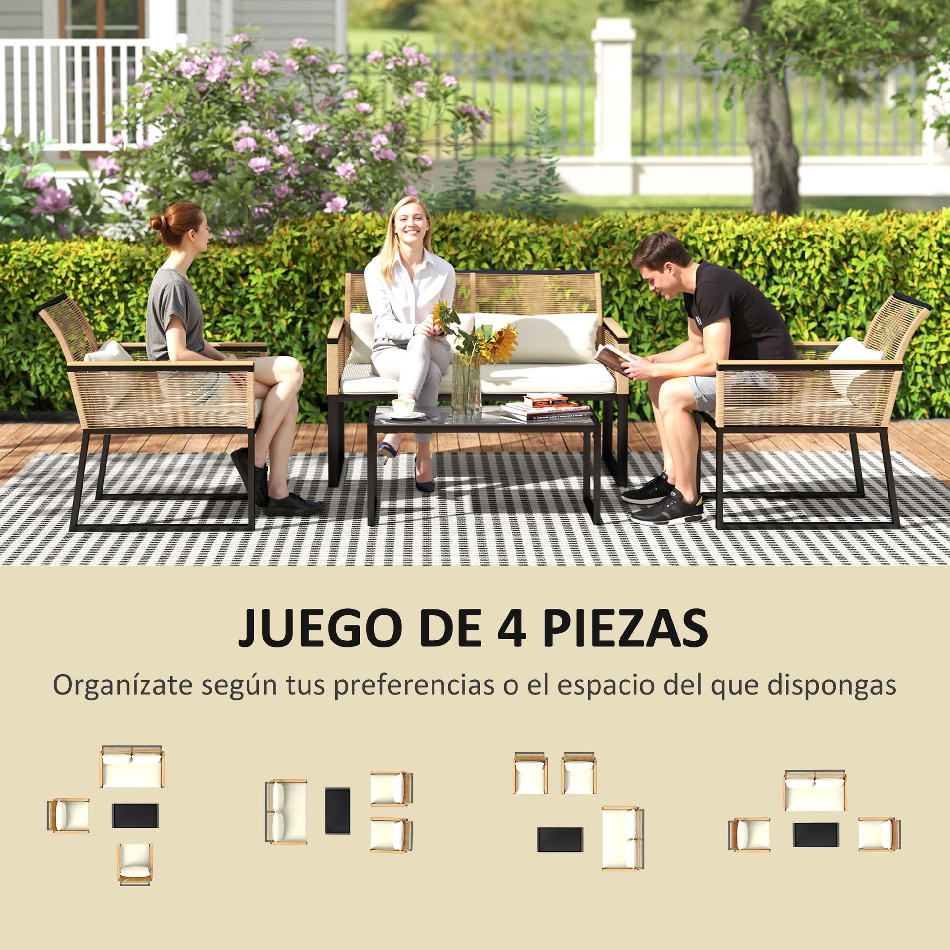 Outsunny Conjunto de Jardín Exterior 4 Piezas de Ratán Sintético Muebles Jardín Exterior con 2 Sillones 1 Sofá de 2 Plazas y Mesa de Centro con Tablero de Vidrio Templado Natural y Crema