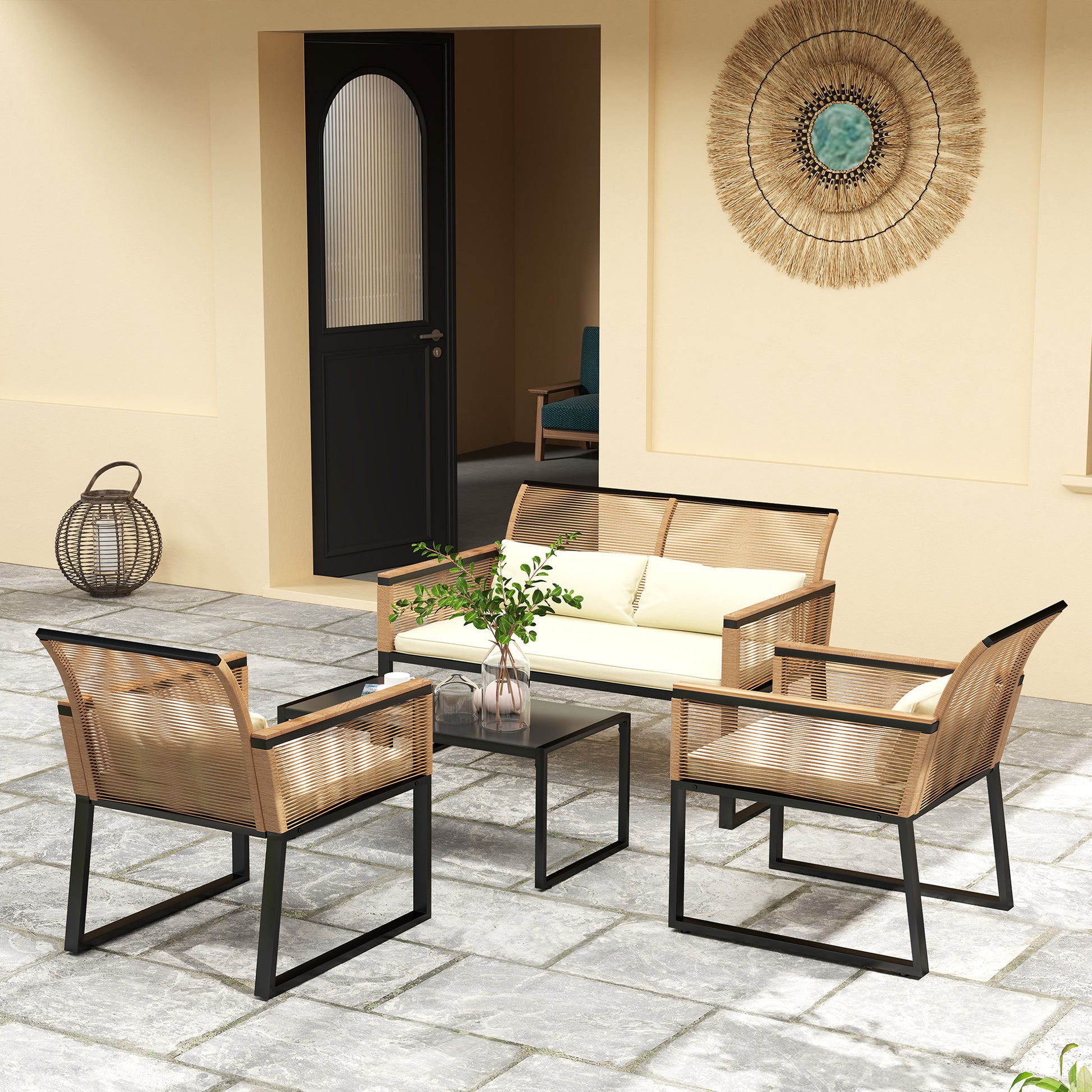 Outsunny Conjunto de Jardín Exterior 4 Piezas de Ratán Sintético Muebles Jardín Exterior con 2 Sillones 1 Sofá de 2 Plazas y Mesa de Centro con Tablero de Vidrio Templado Natural y Crema