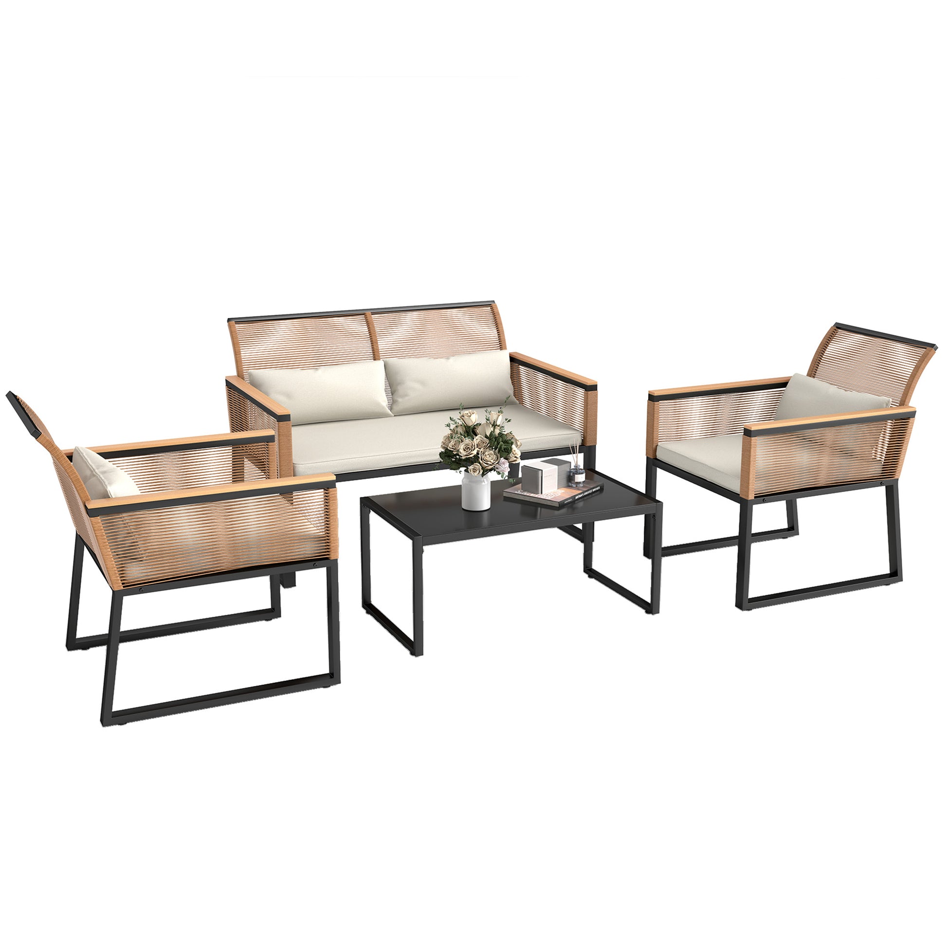 Outsunny Conjunto de Jardín Exterior 4 Piezas de Ratán Sintético Muebles Jardín Exterior con 2 Sillones 1 Sofá de 2 Plazas y Mesa de Centro con Tablero de Vidrio Templado Natural y Crema