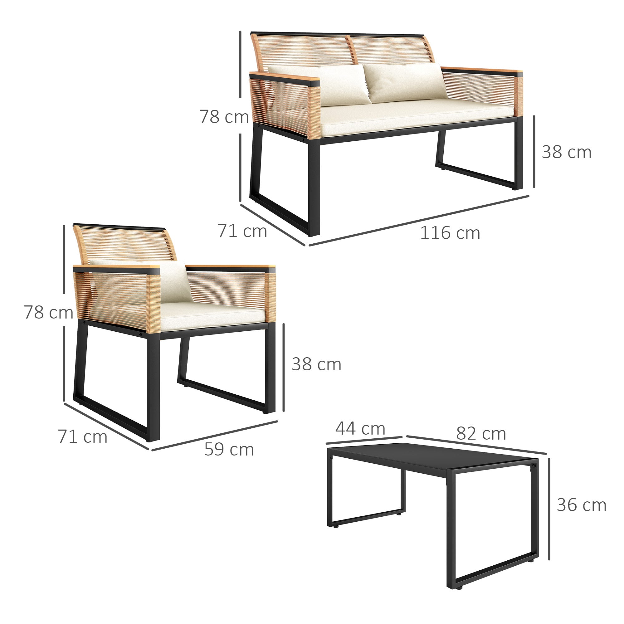 Outsunny Conjunto de Jardín Exterior 4 Piezas de Ratán Sintético Muebles Jardín Exterior con 2 Sillones 1 Sofá de 2 Plazas y Mesa de Centro con Tablero de Vidrio Templado Natural y Crema